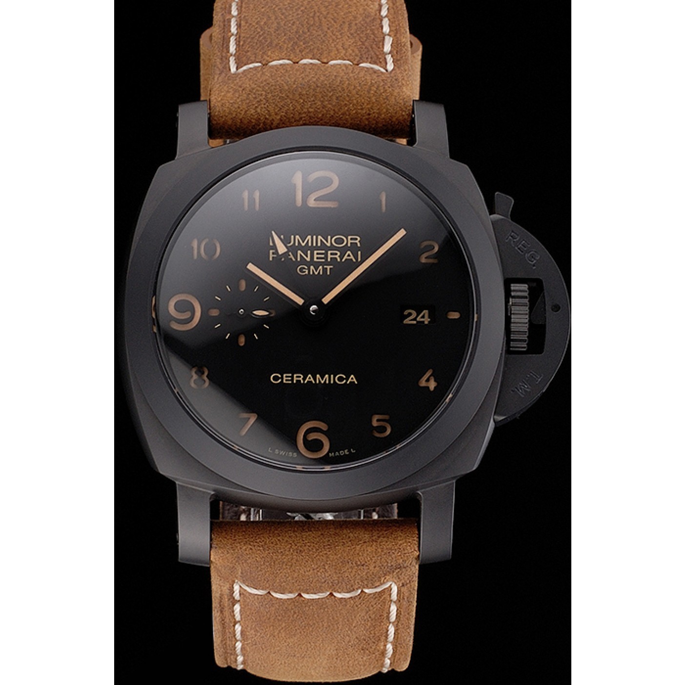 MiroTime Swiss Panerai Luminor GMT Ceraica Black Dial Black Case Brown Leather Strap