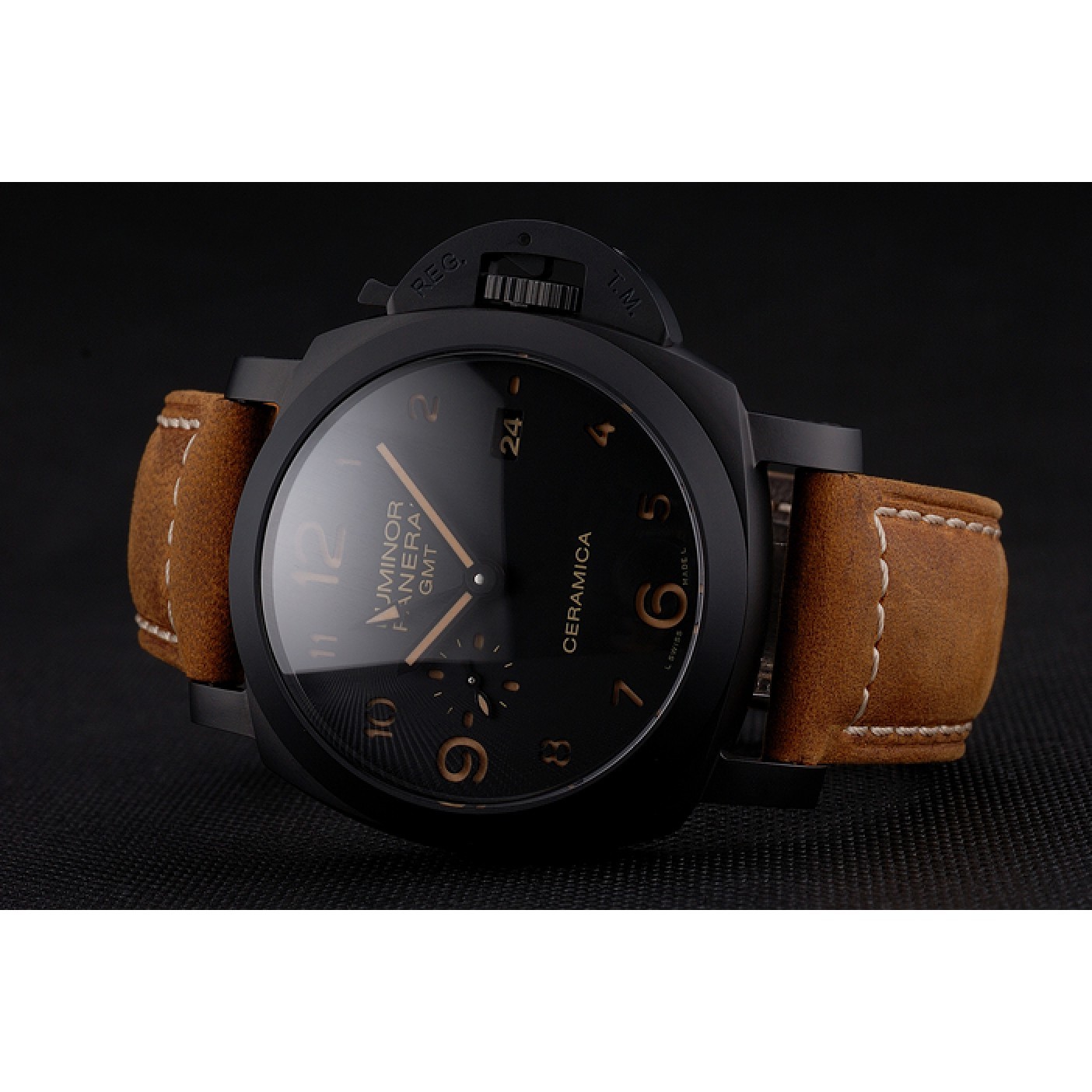 MiroTime Swiss Panerai Luminor GMT Ceraica Black Dial Black Case Brown Leather Strap