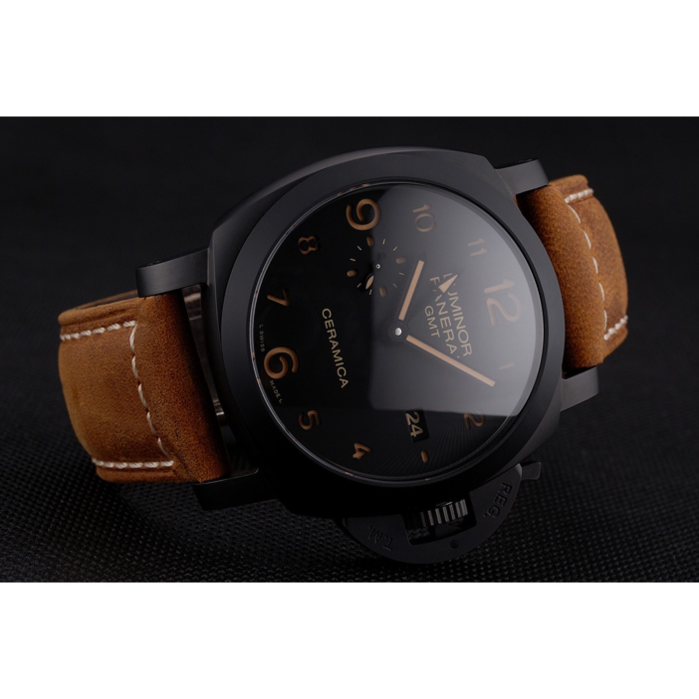 MiroTime Swiss Panerai Luminor GMT Ceraica Black Dial Black Case Brown Leather Strap