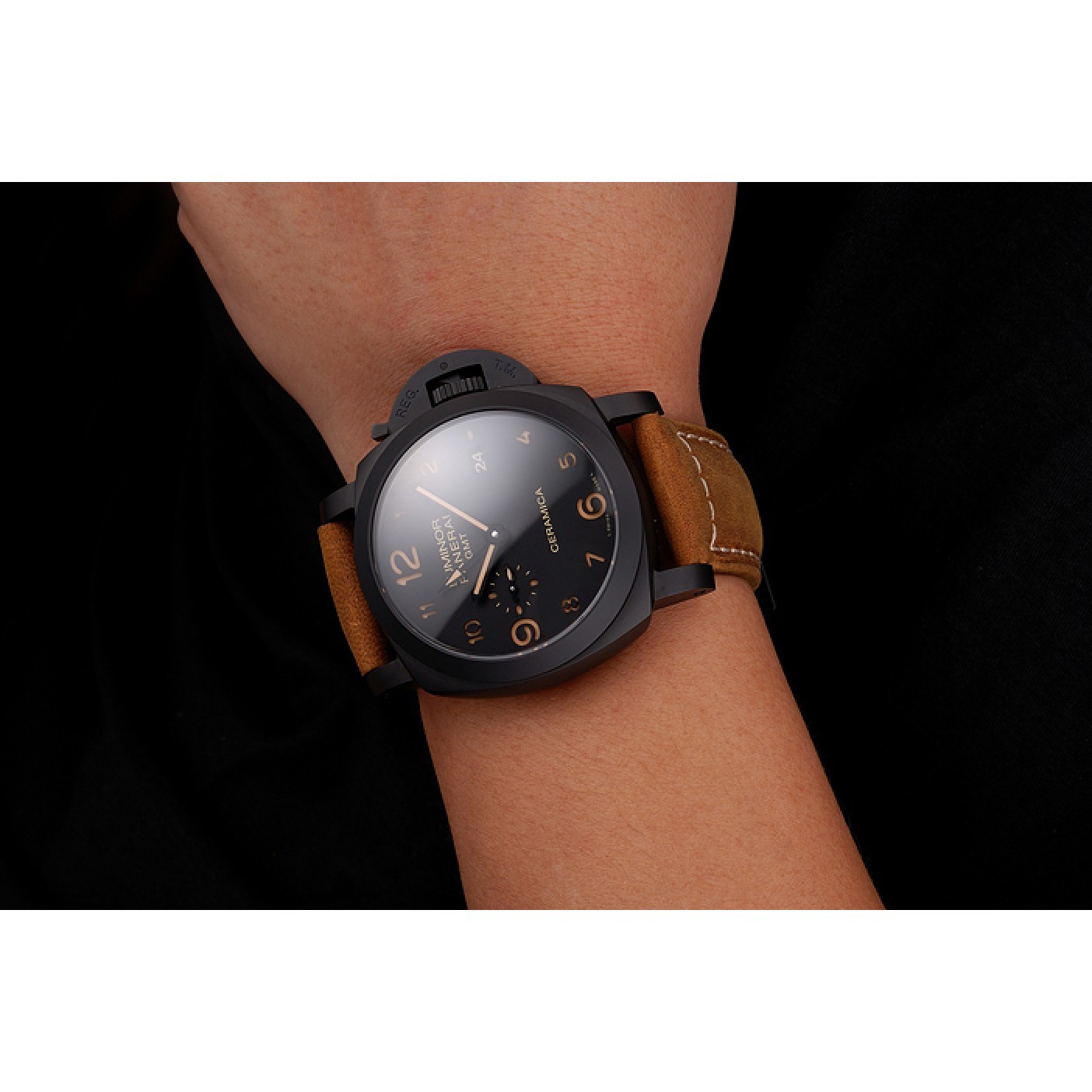 MiroTime Swiss Panerai Luminor GMT Ceraica Black Dial Black Case Brown Leather Strap