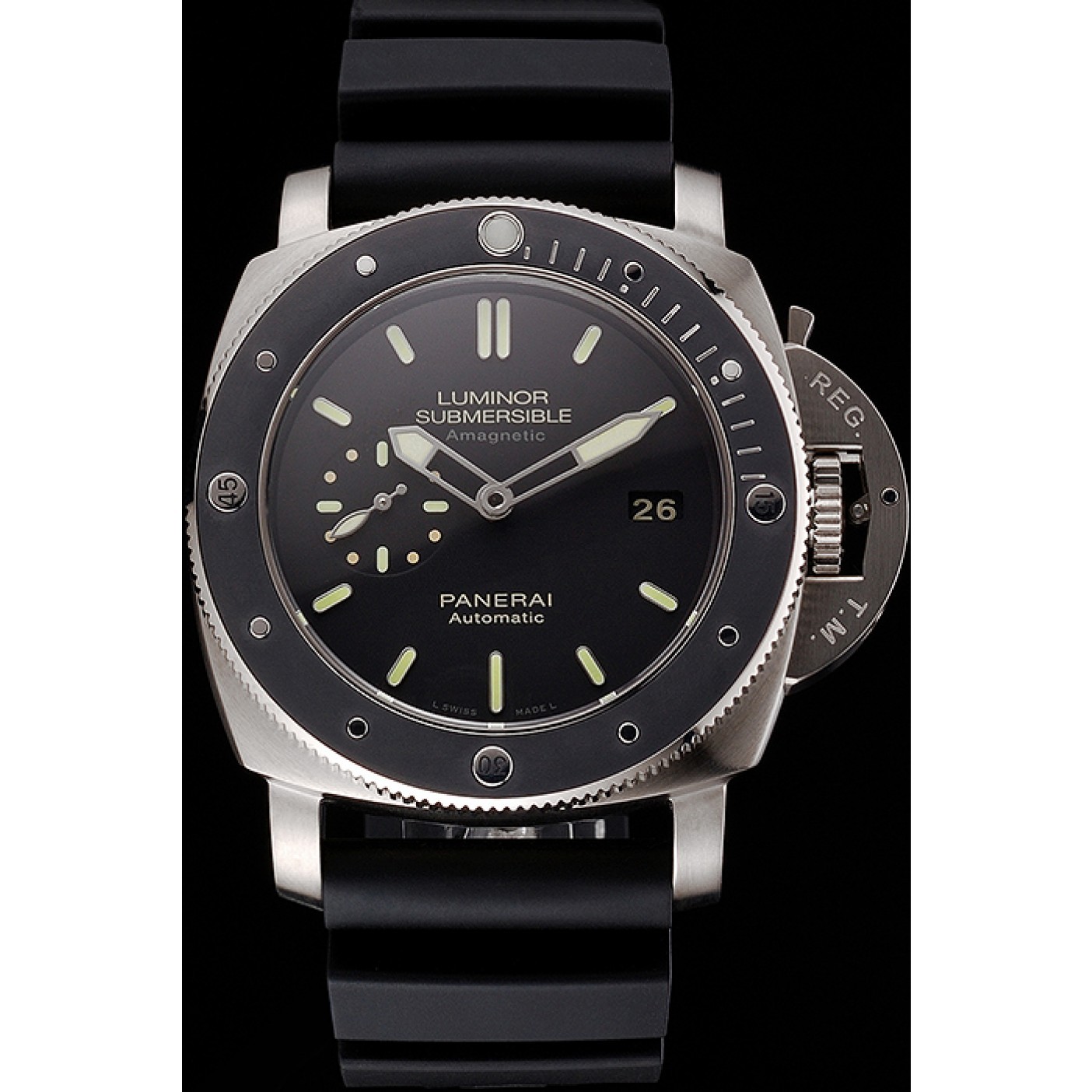 MiroTime Swiss Panerai Luminor Submersible Black Dial Stainless Steel Case Black Bezel Black Rubber Strap