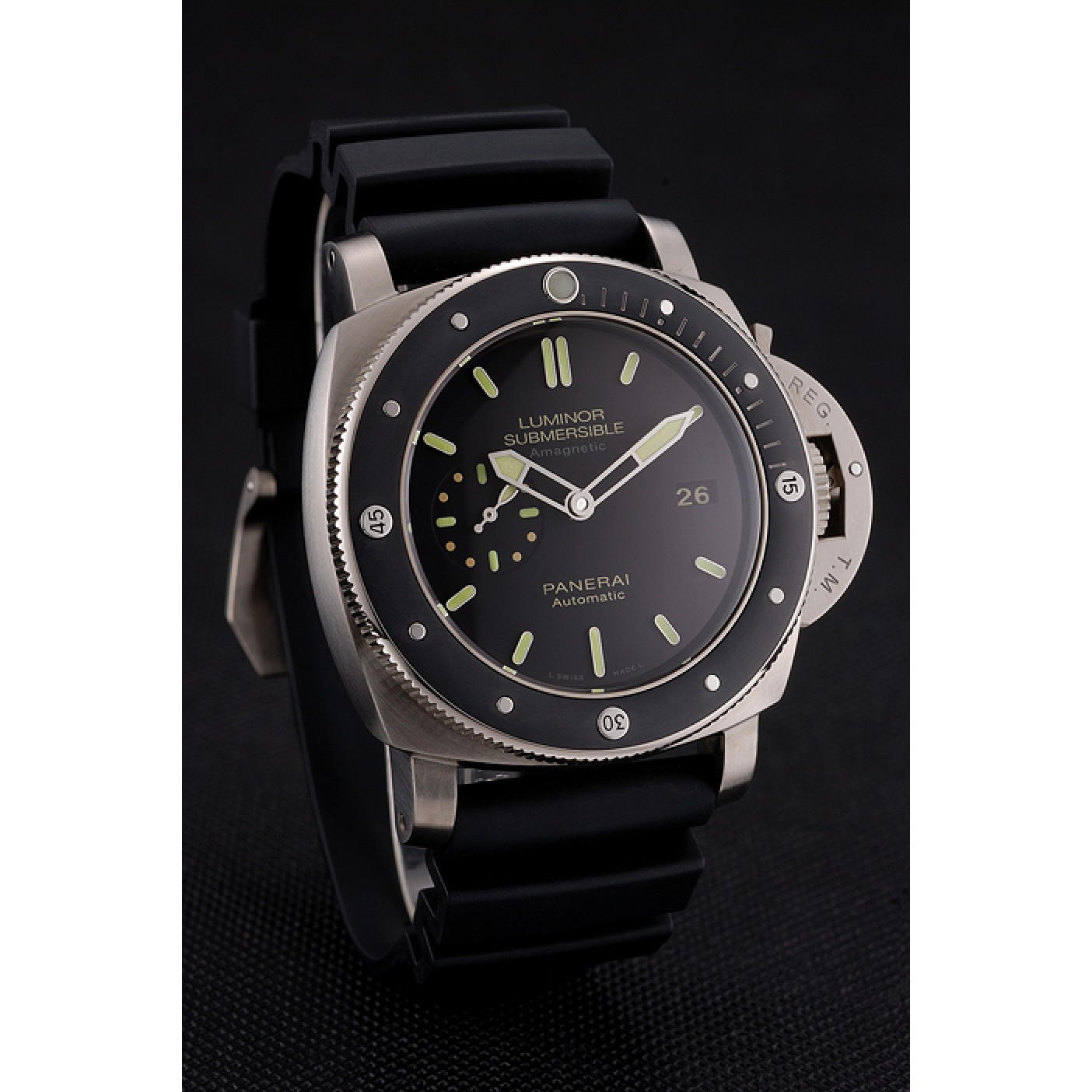 MiroTime Swiss Panerai Luminor Submersible Black Dial Stainless Steel Case Black Bezel Black Rubber Strap