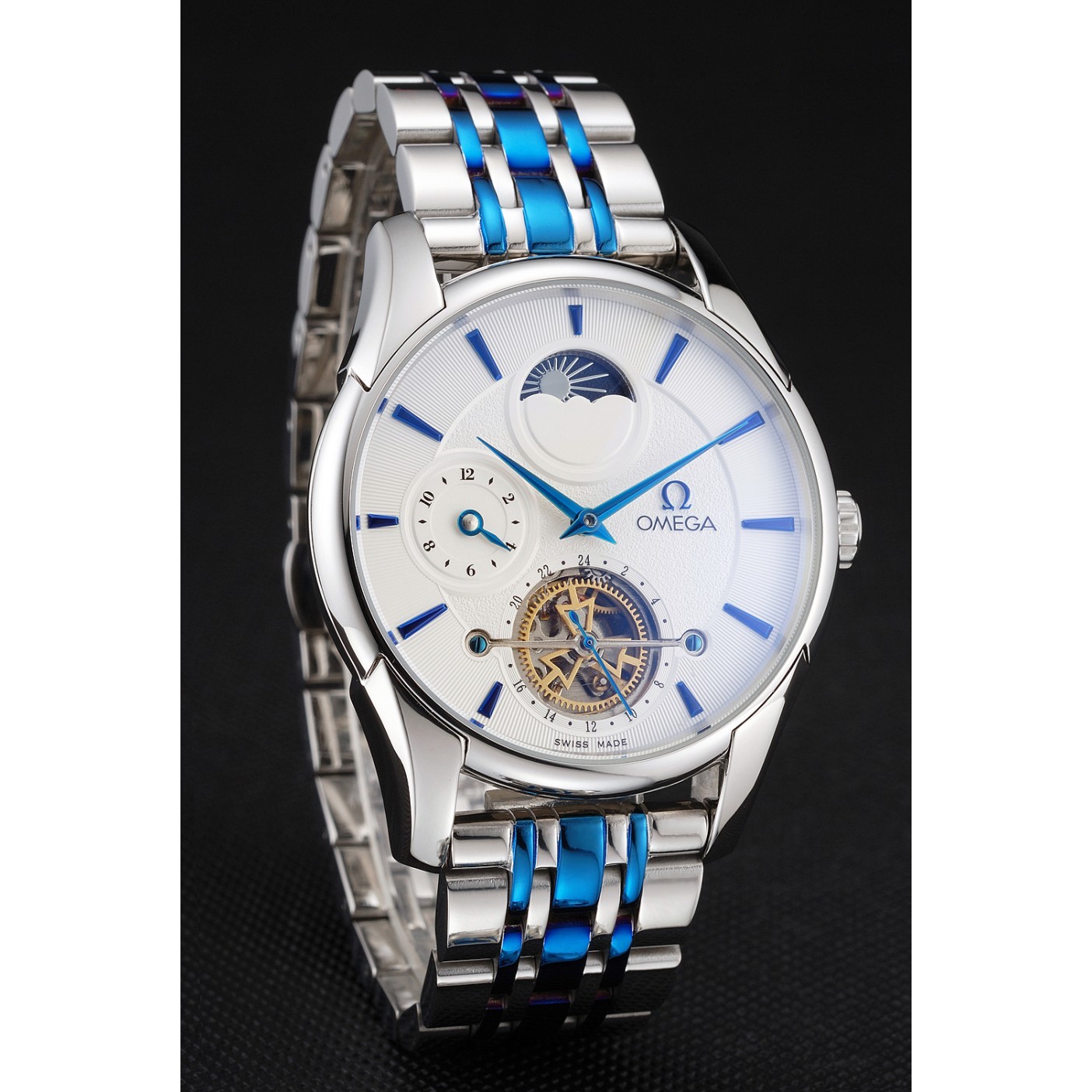 MiroTime Omega De Ville Moonphase Tourbillon White Dial Stainless Steel Case Two Tone Steel Blue Bracelet