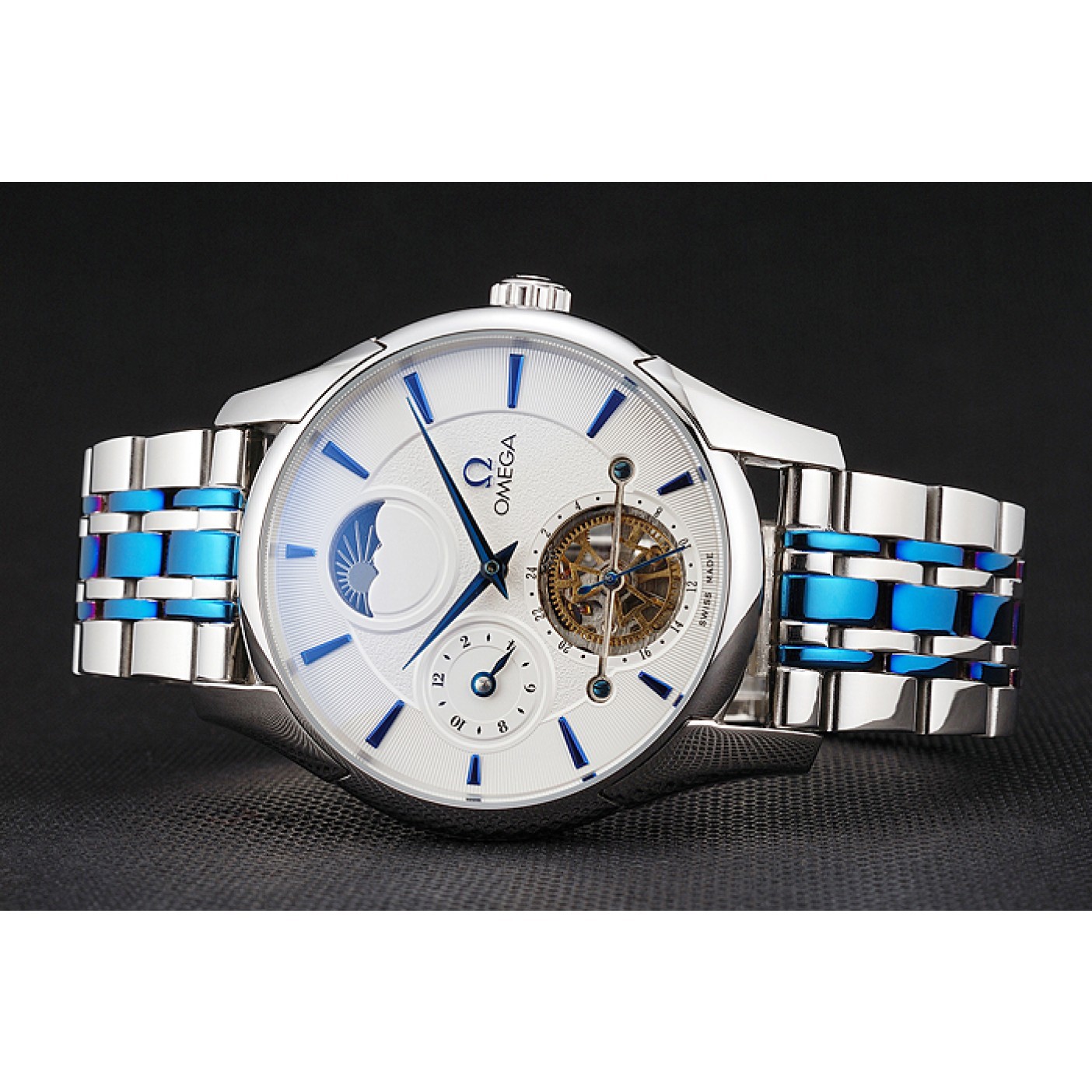 MiroTime Omega De Ville Moonphase Tourbillon White Dial Stainless Steel Case Two Tone Steel Blue Bracelet