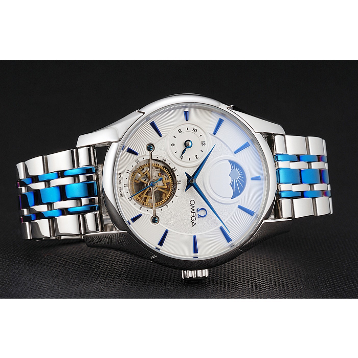 MiroTime Omega De Ville Moonphase Tourbillon White Dial Stainless Steel Case Two Tone Steel Blue Bracelet