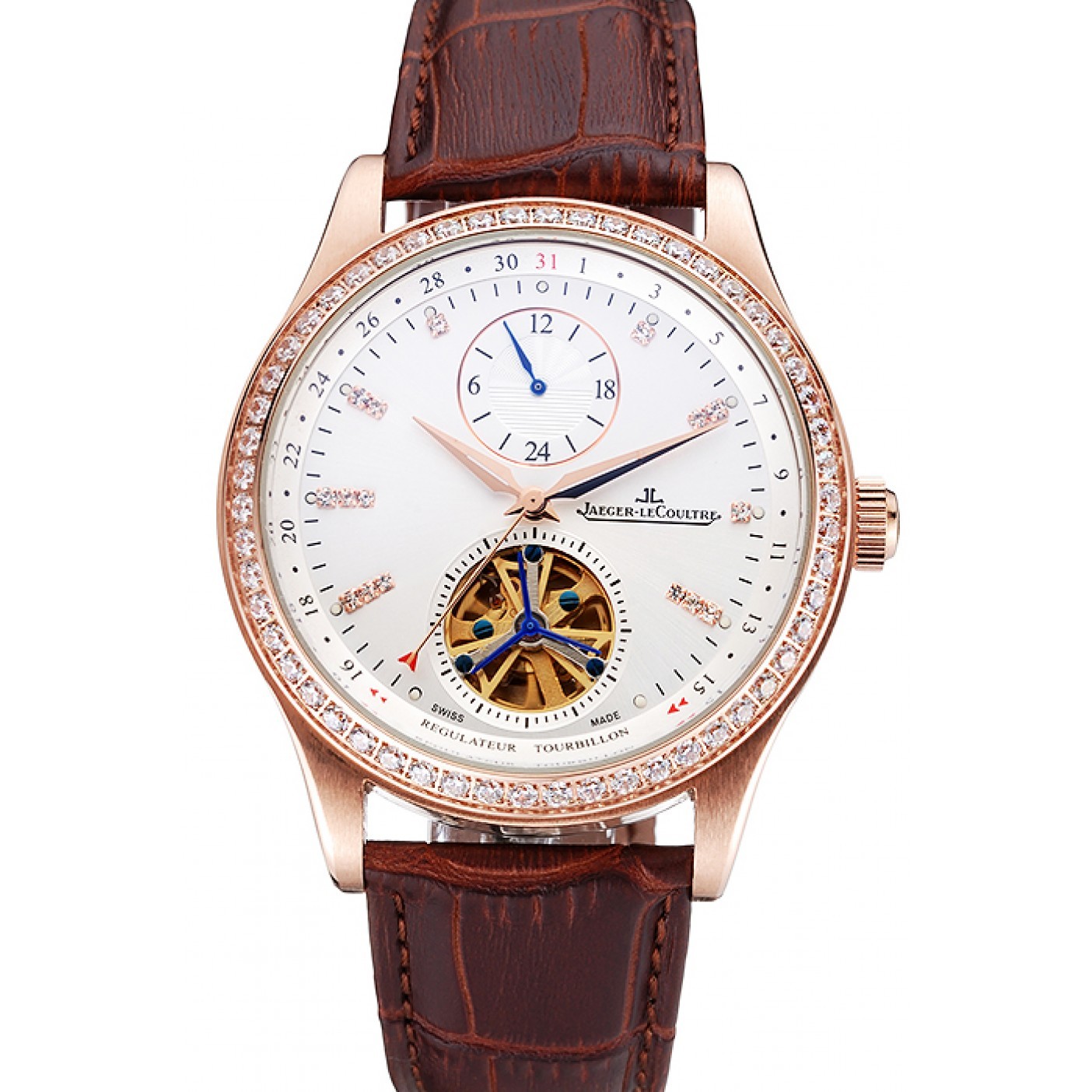 MiroTime Jaeger-LeCoultre Master Tourbillon Dualtime White Dial Gold Case With Diamonds Brown Leather Strap 622782