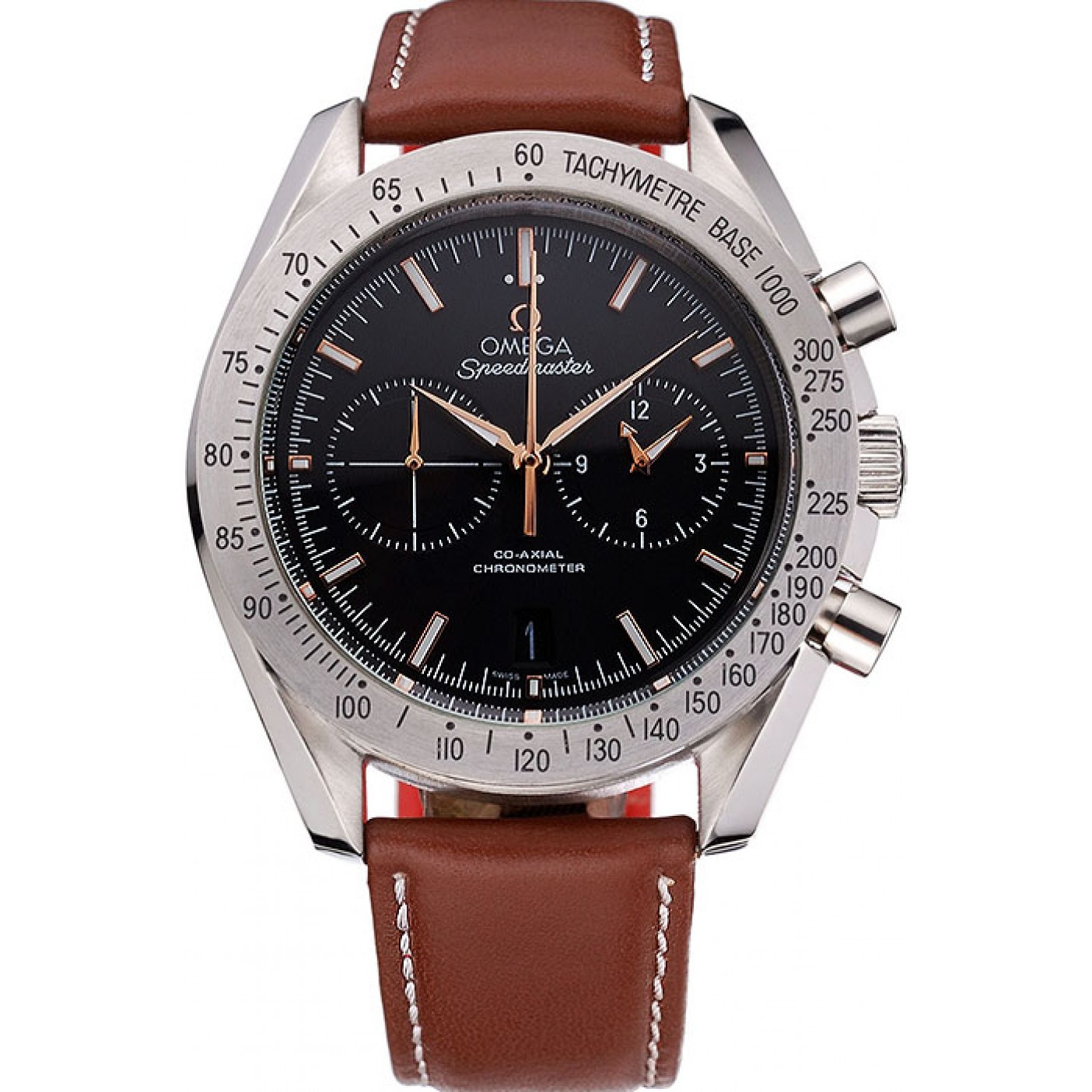 MiroTime Omega Speedmaster Black Dial Stainless Steel Case Brown Leather Strap 622806