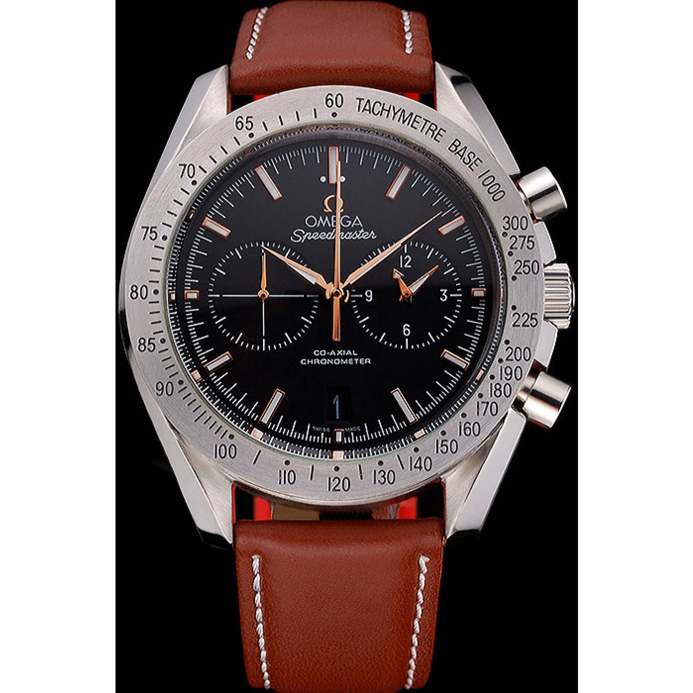 MiroTime Omega Speedmaster Black Dial Stainless Steel Case Brown Leather Strap 622806