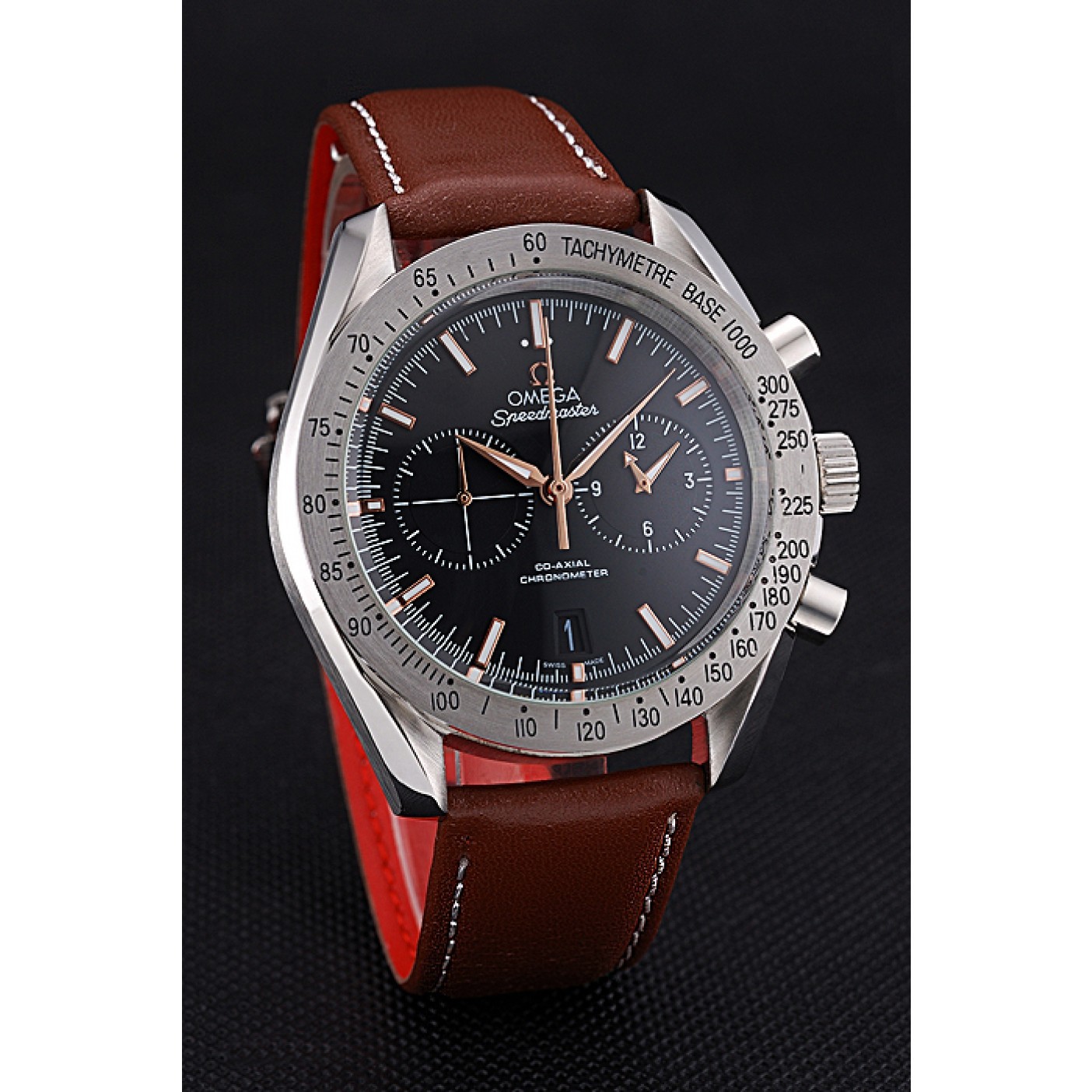 MiroTime Omega Speedmaster Black Dial Stainless Steel Case Brown Leather Strap 622806
