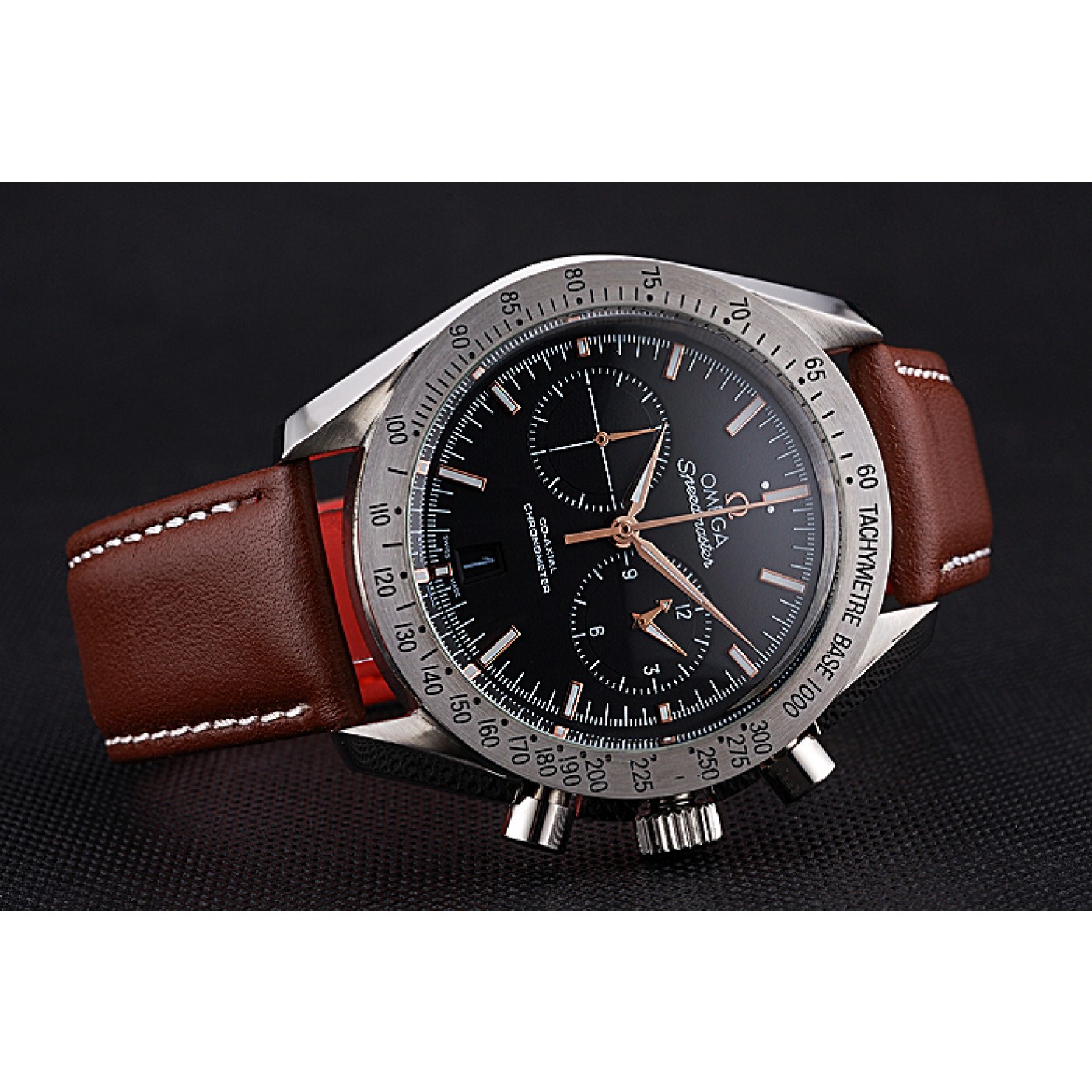 MiroTime Omega Speedmaster Black Dial Stainless Steel Case Brown Leather Strap 622806