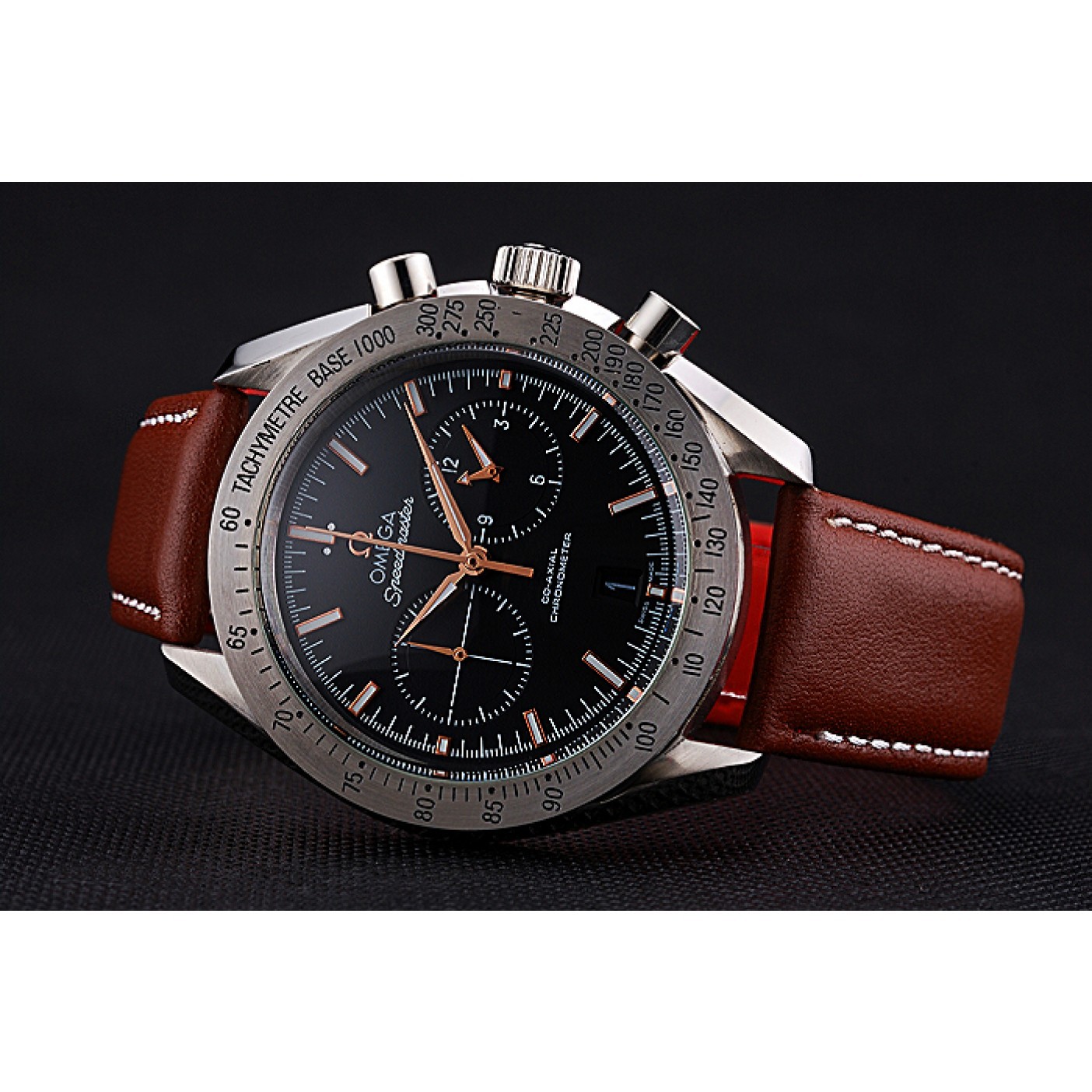 MiroTime Omega Speedmaster Black Dial Stainless Steel Case Brown Leather Strap 622806