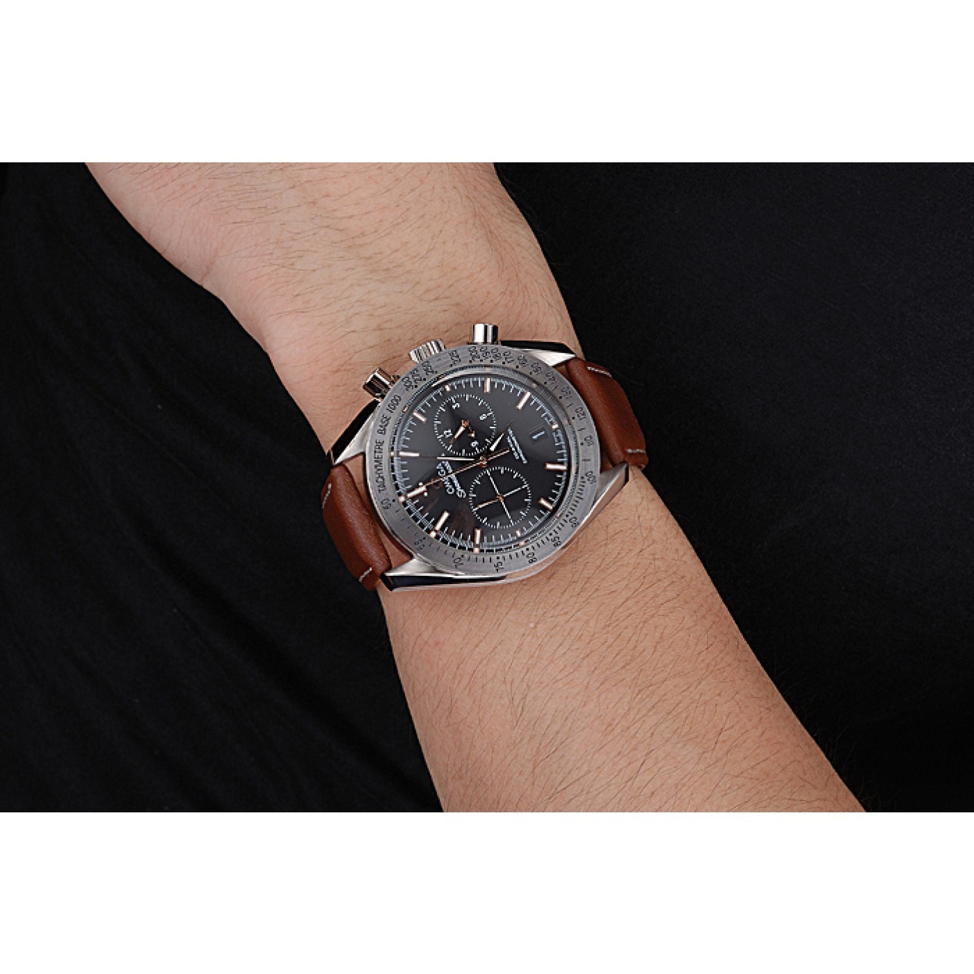MiroTime Omega Speedmaster Black Dial Stainless Steel Case Brown Leather Strap 622806