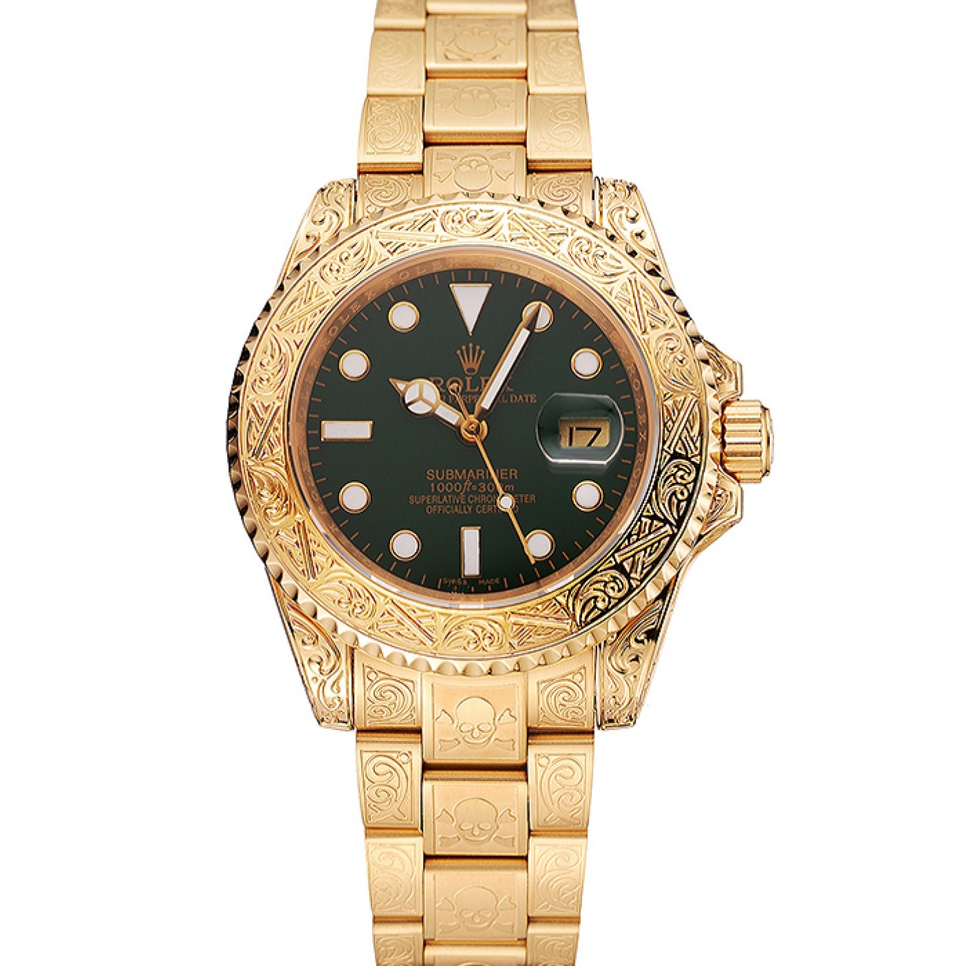 MiroTime Swiss Rolex Submariner Skull Limited Edition Green Dial Gold Case And Bracelet 1454088
