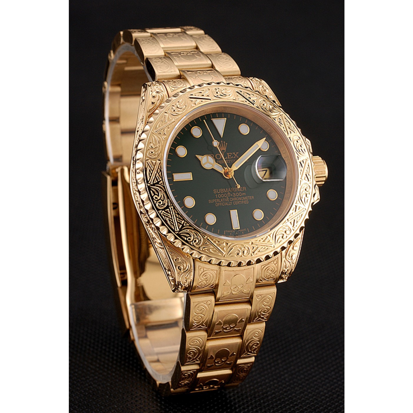 MiroTime Swiss Rolex Submariner Skull Limited Edition Green Dial Gold Case And Bracelet 1454088