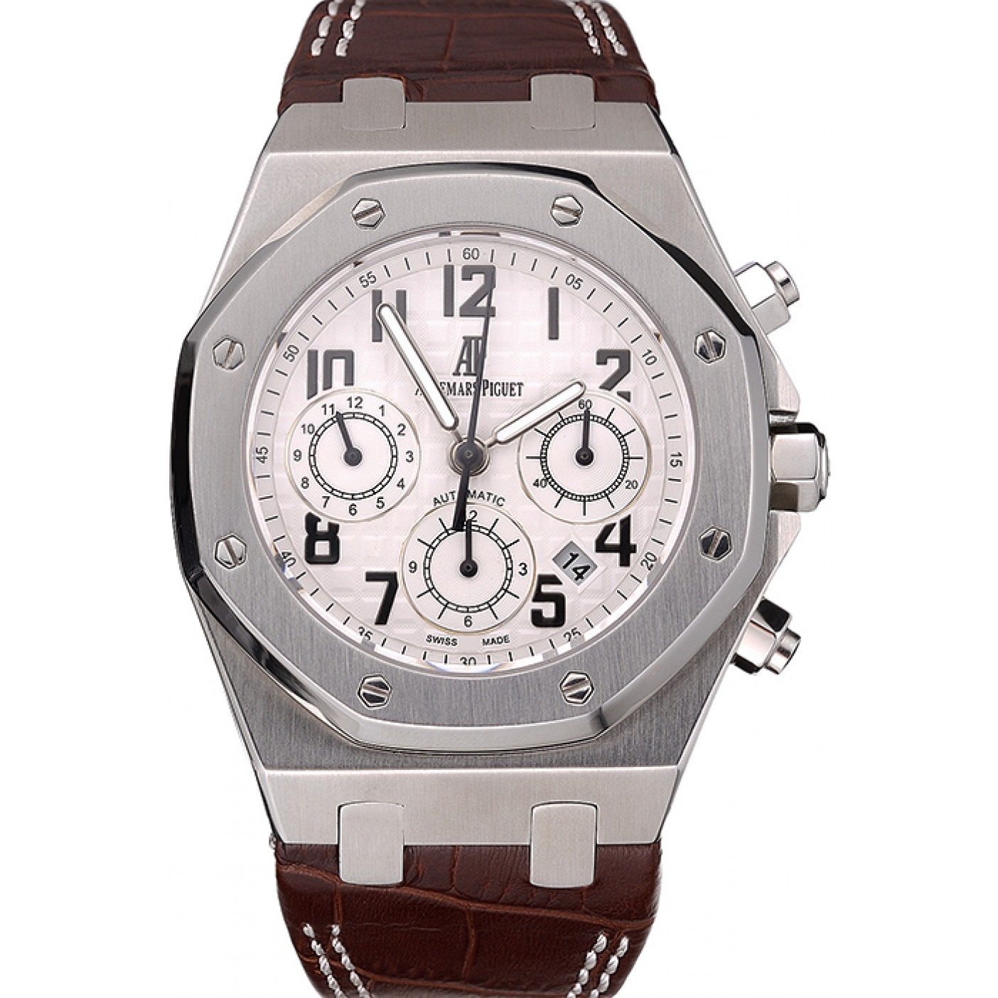 MiroTime Swiss Audemars Piguet Royal Oak Chronograph White Dial Stainless Steel Case Brown Leather Strap 622864