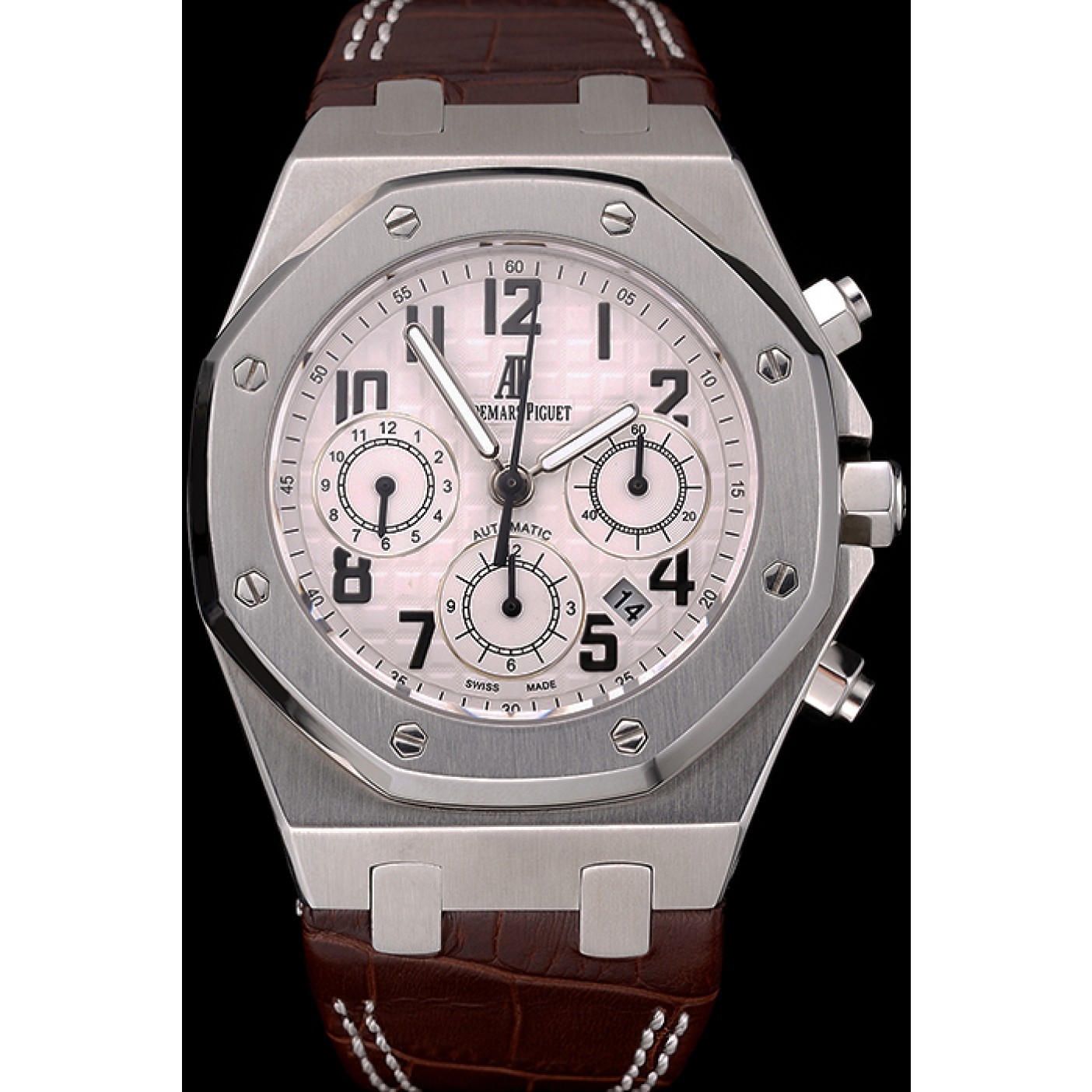 MiroTime Swiss Audemars Piguet Royal Oak Chronograph White Dial Stainless Steel Case Brown Leather Strap 622864