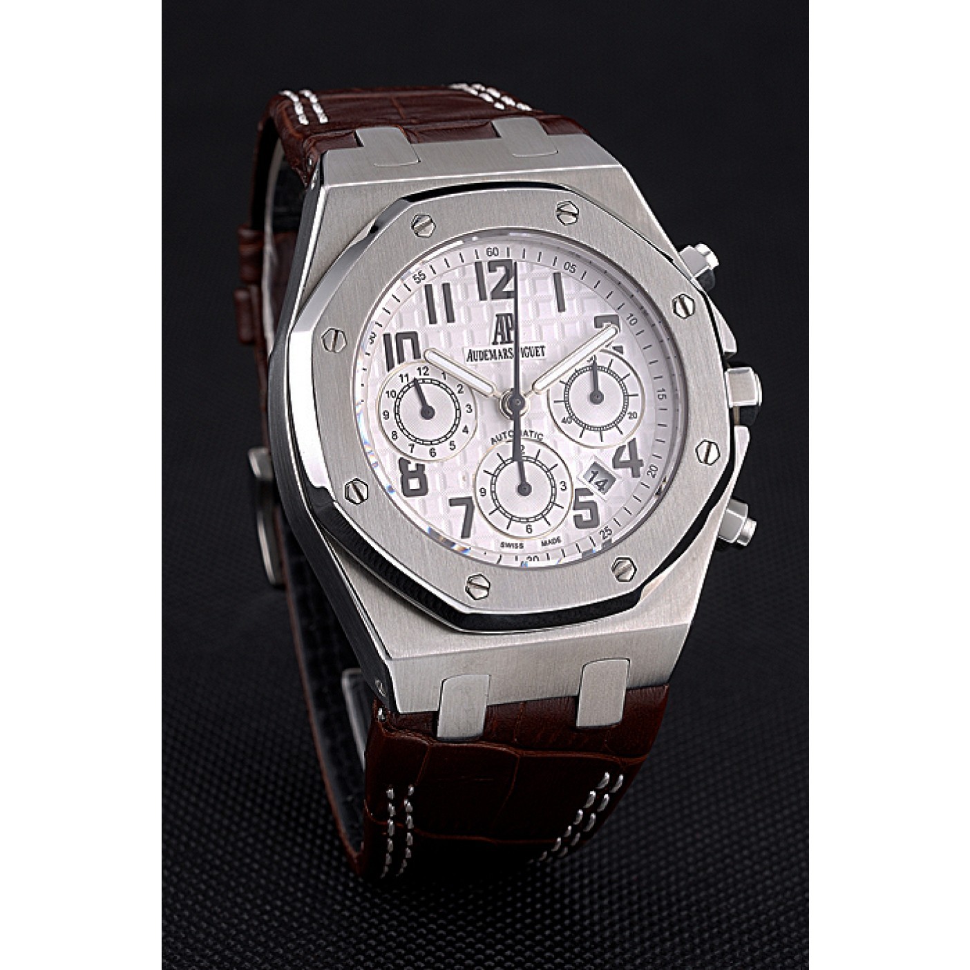 MiroTime Swiss Audemars Piguet Royal Oak Chronograph White Dial Stainless Steel Case Brown Leather Strap 622864