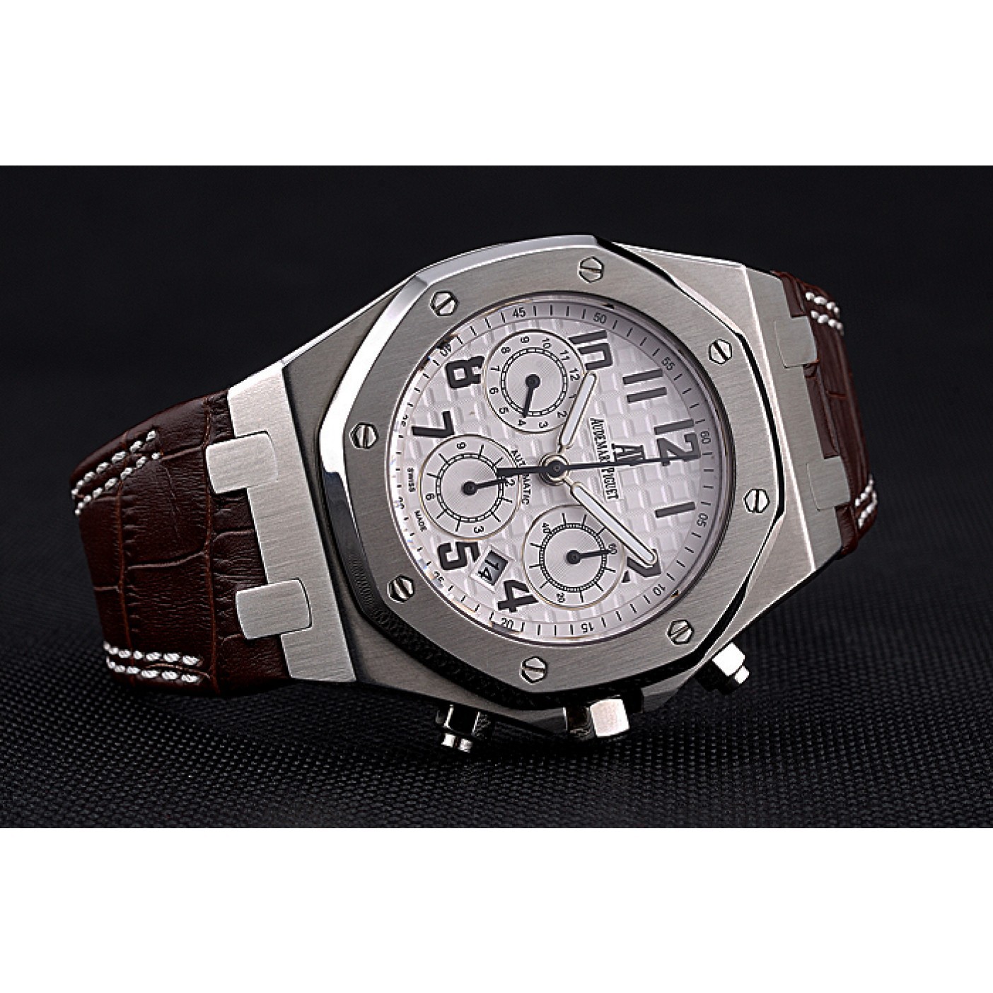 MiroTime Swiss Audemars Piguet Royal Oak Chronograph White Dial Stainless Steel Case Brown Leather Strap 622864