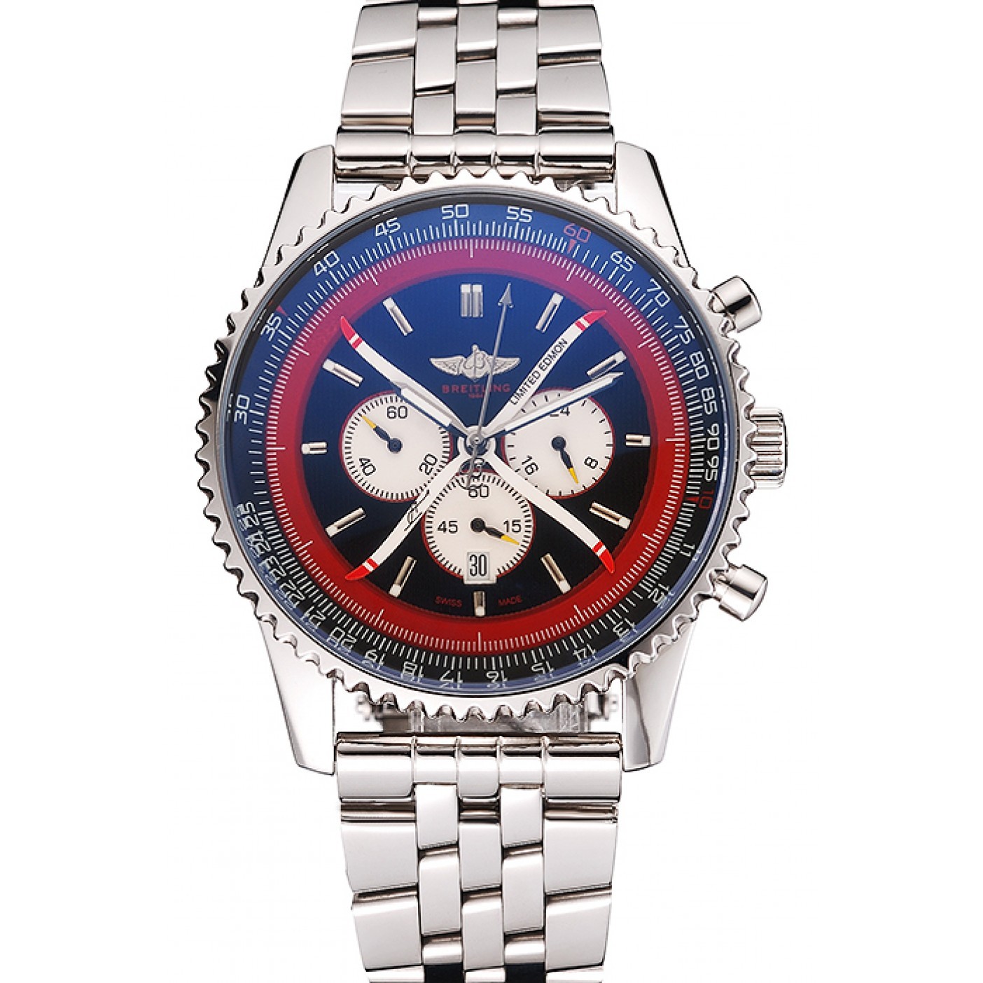 MiroTime Breitling Certifie Polished Silver Stainless Steel Strap Black Dial Chronograph 80173