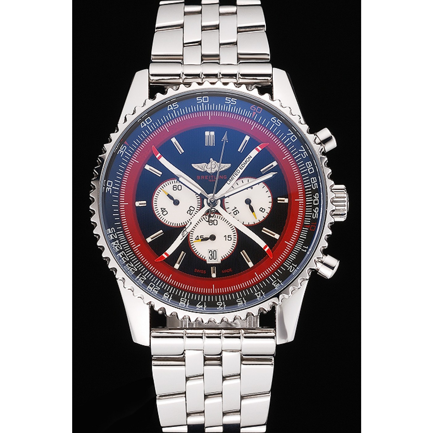 MiroTime Breitling Certifie Polished Silver Stainless Steel Strap Black Dial Chronograph 80173
