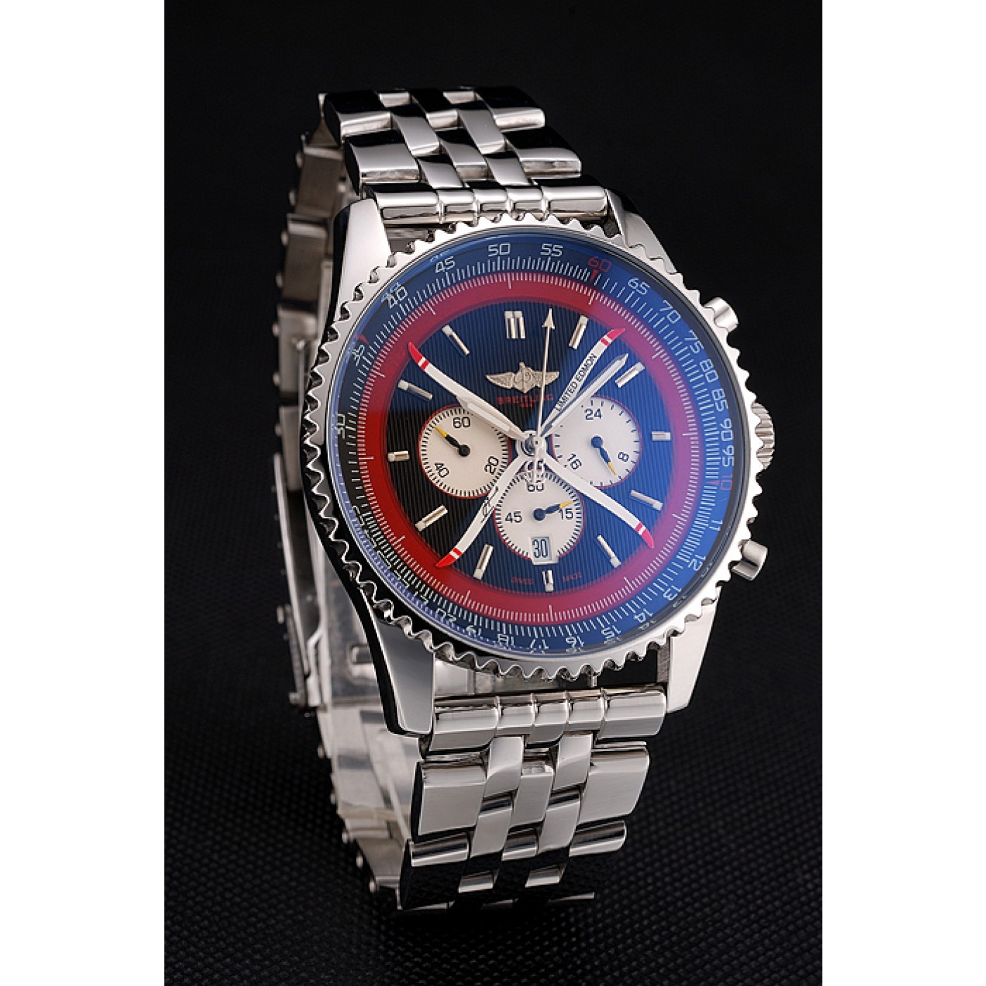 MiroTime Breitling Certifie Polished Silver Stainless Steel Strap Black Dial Chronograph 80173