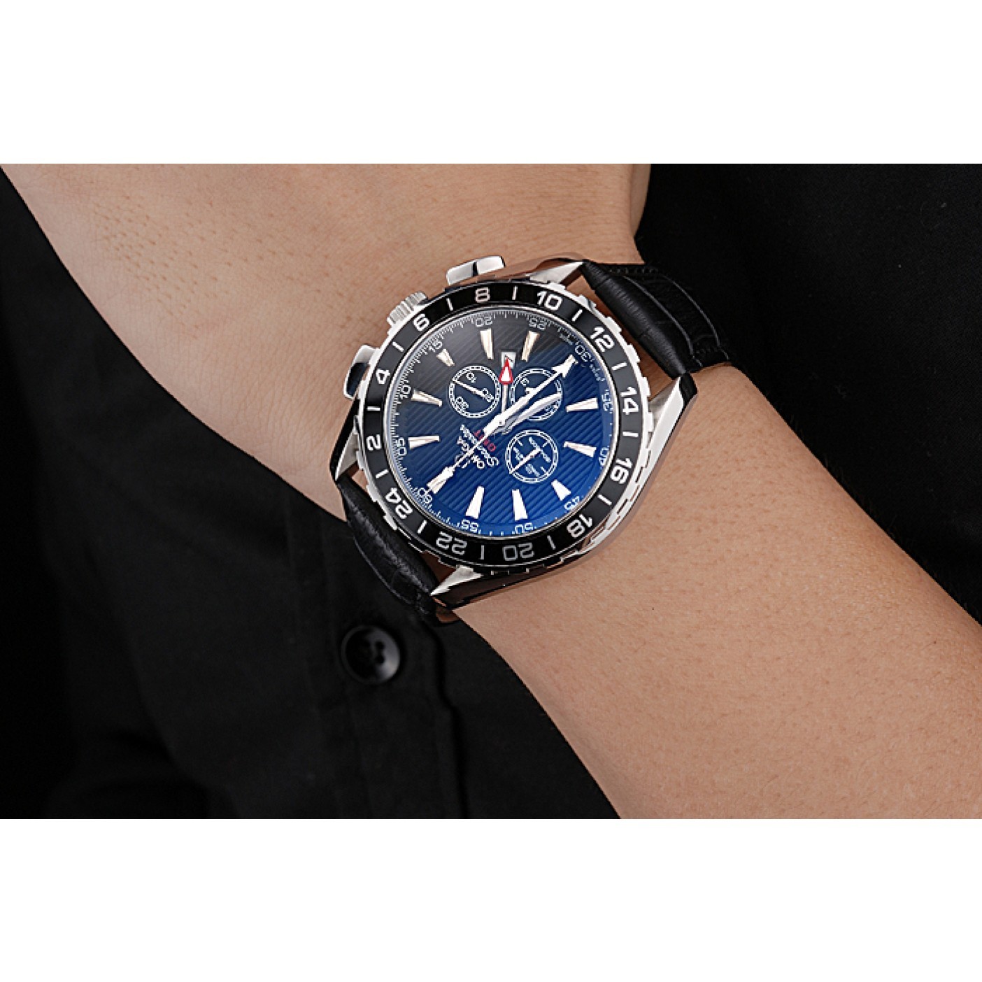 MiroTime Omega Seamaster Aqua Terra Chrono GMT Black Dial Black Leather Bracelet 622535