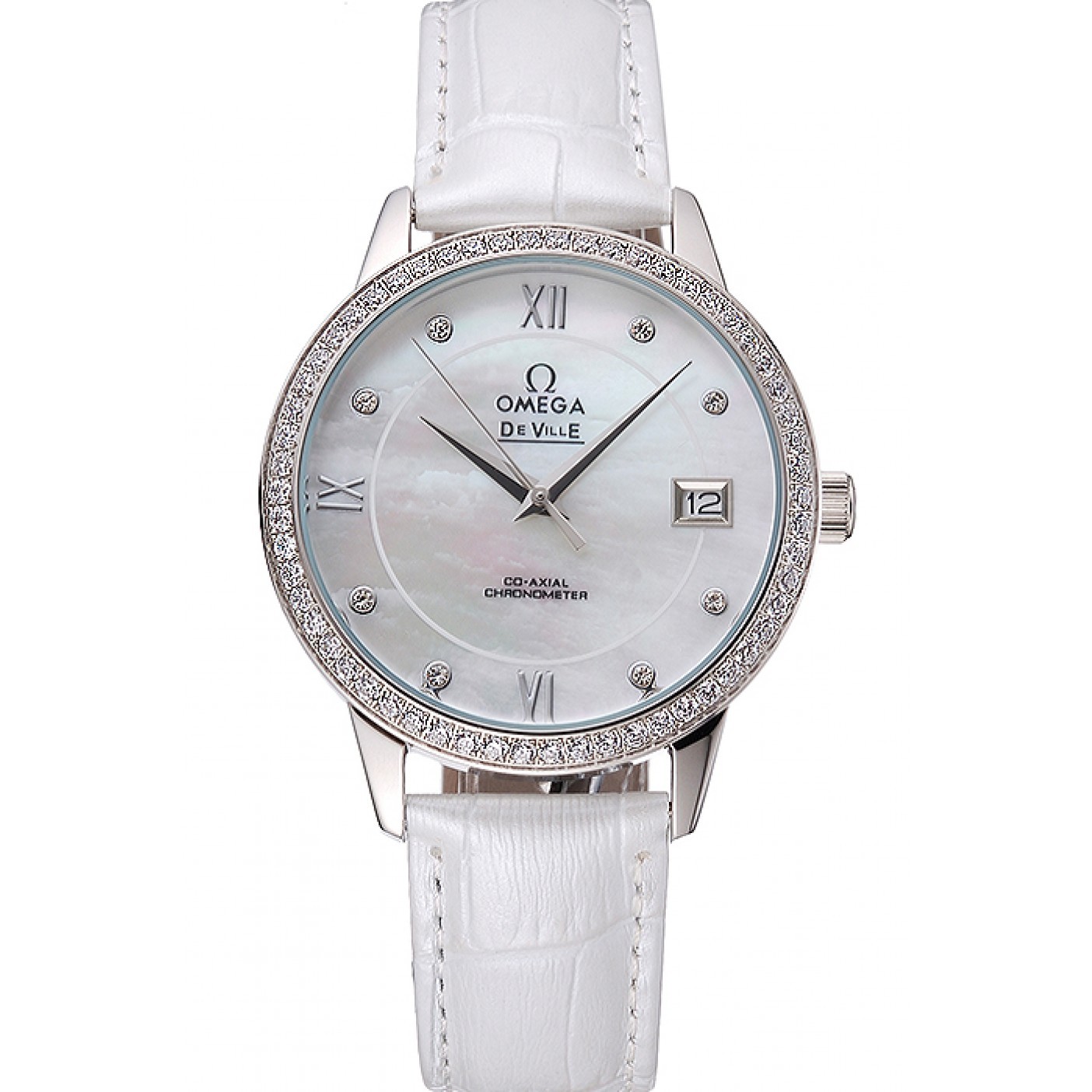 MiroTime Omega DeVille Prestige Co-Axial Diamond Silver Case Mother-Of-Pearl Dial White Leather Strap