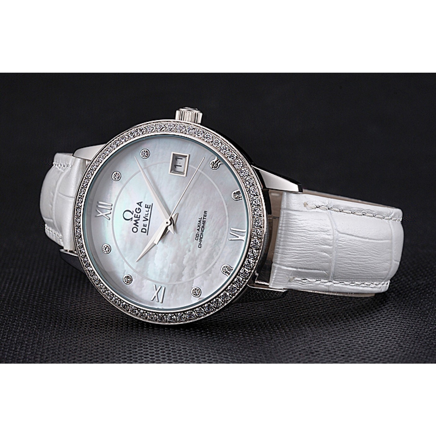 MiroTime Omega DeVille Prestige Co-Axial Diamond Silver Case Mother-Of-Pearl Dial White Leather Strap