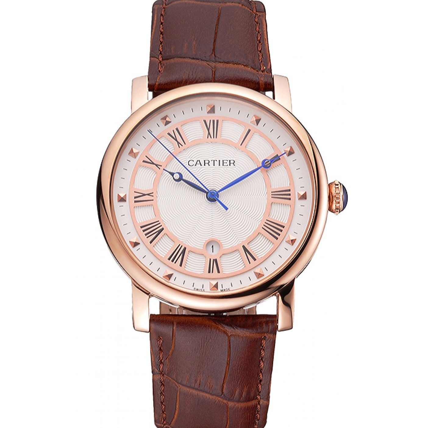 MiroTime Cartier Rotonde Date White Dial Rose Gold Case Brown Leather Strap