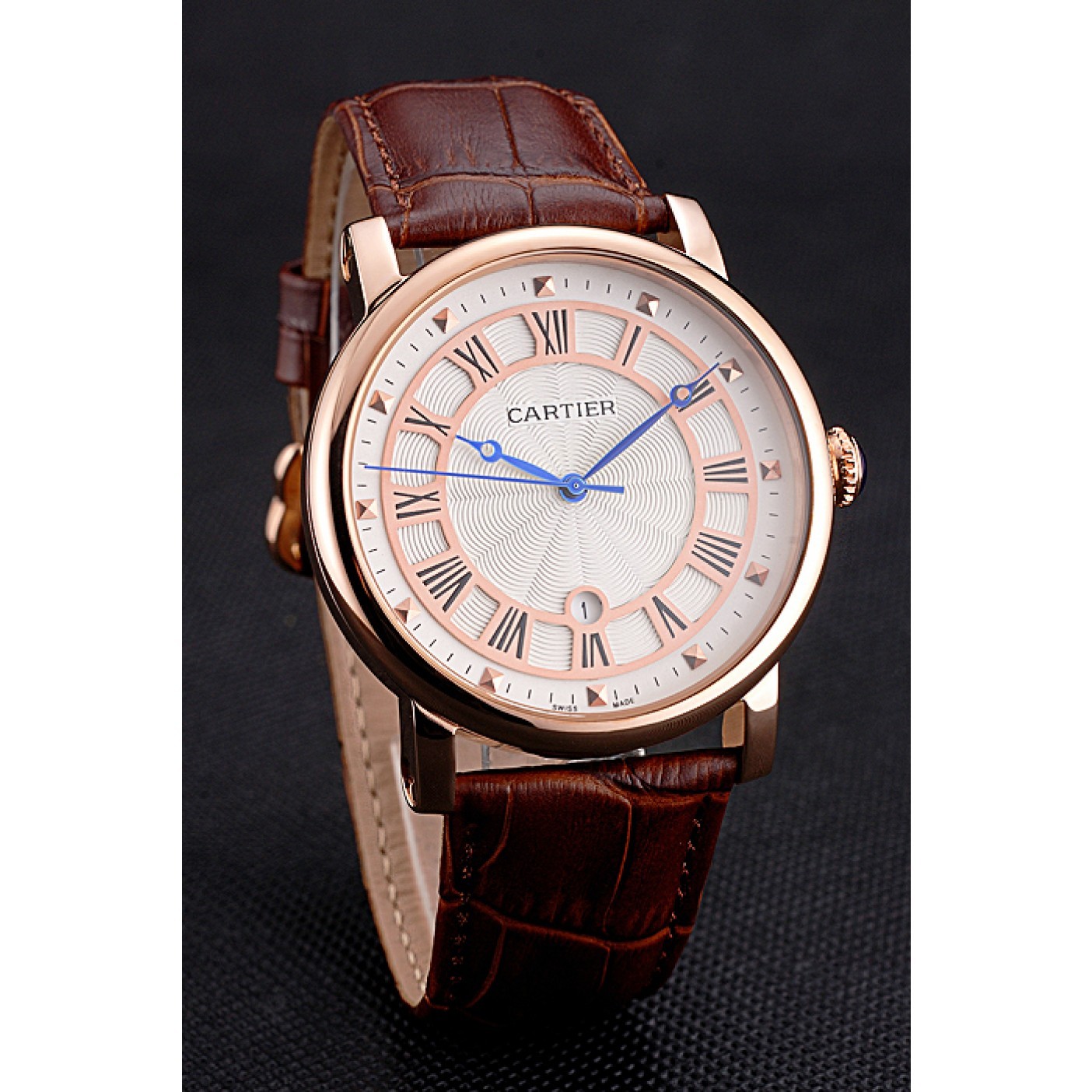 MiroTime Cartier Rotonde Date White Dial Rose Gold Case Brown Leather Strap