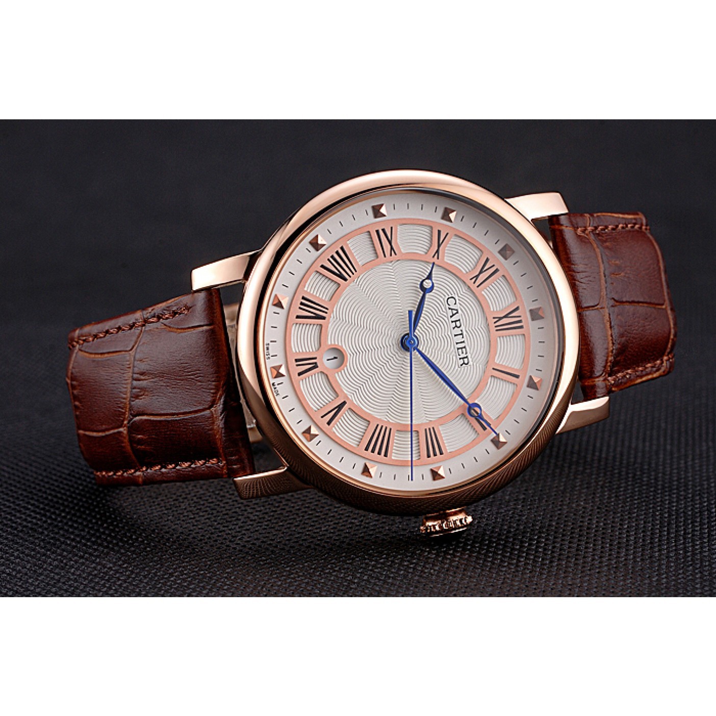 MiroTime Cartier Rotonde Date White Dial Rose Gold Case Brown Leather Strap