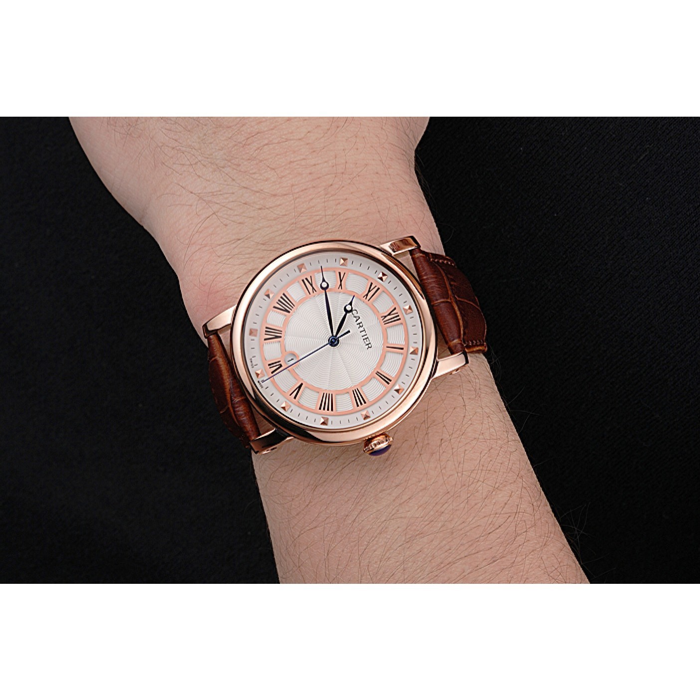 MiroTime Cartier Rotonde Date White Dial Rose Gold Case Brown Leather Strap