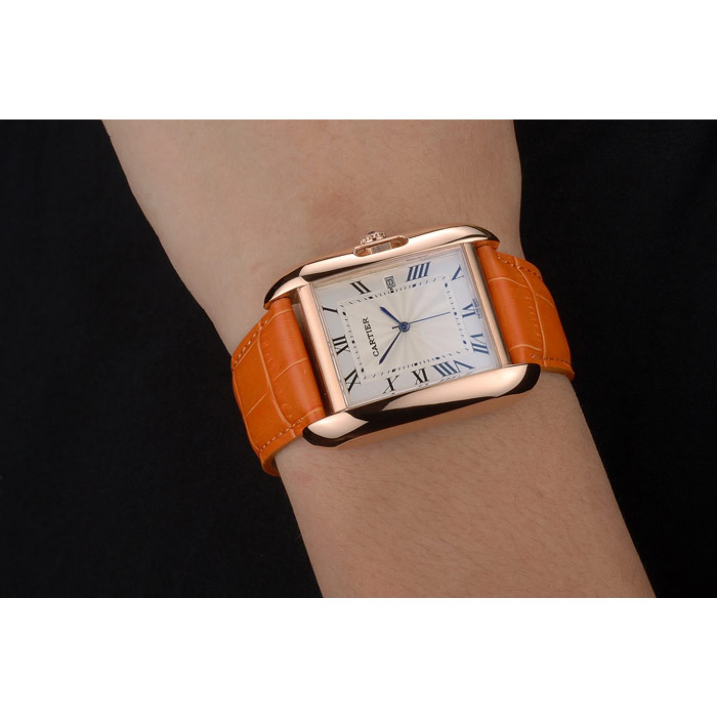 MiroTime Cartier Tank Anglaise 36mm White Dial Gold Case Orange Leather Bracelet