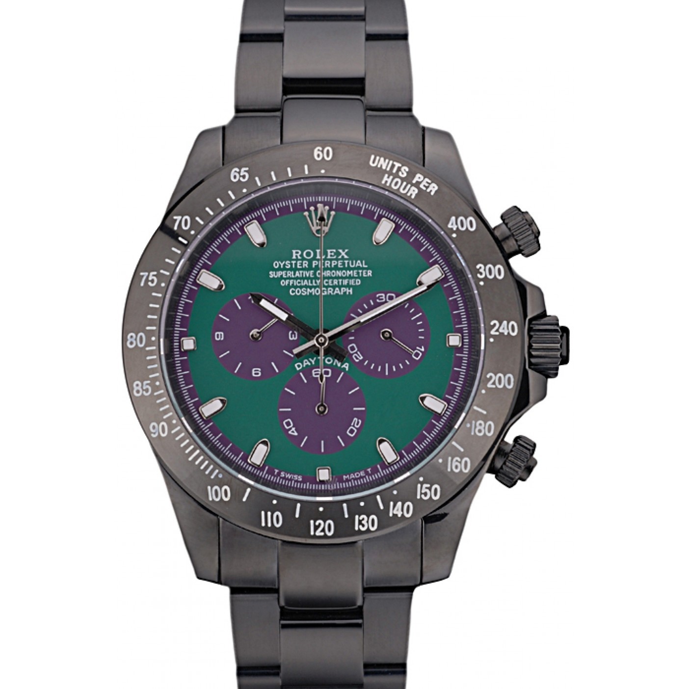 MiroTime Rolex Daytona Black Ion Plated Tachymeter Black Stainless Steel Strap Green Dial 80246
