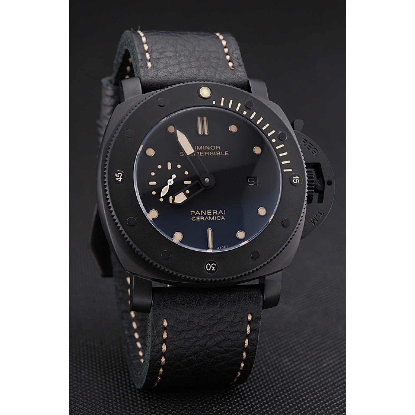 MiroTime Panerai Luminor Submersible Black Dial Black Case Black Leather Strap