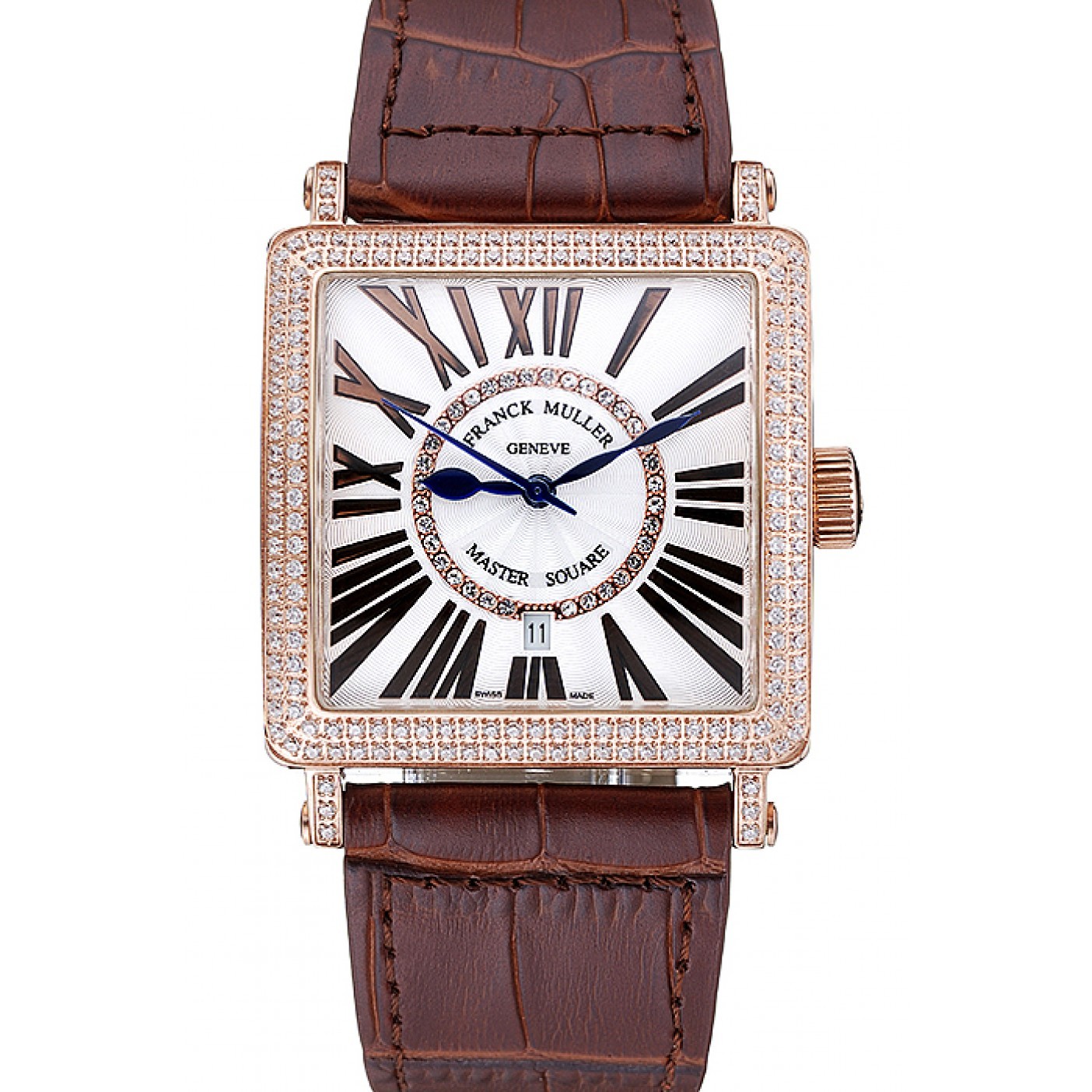 MiroTime Franck Muller Master Square Diamond Encrusted Rose Gold Bezel Brown Croco Bracelet 80283