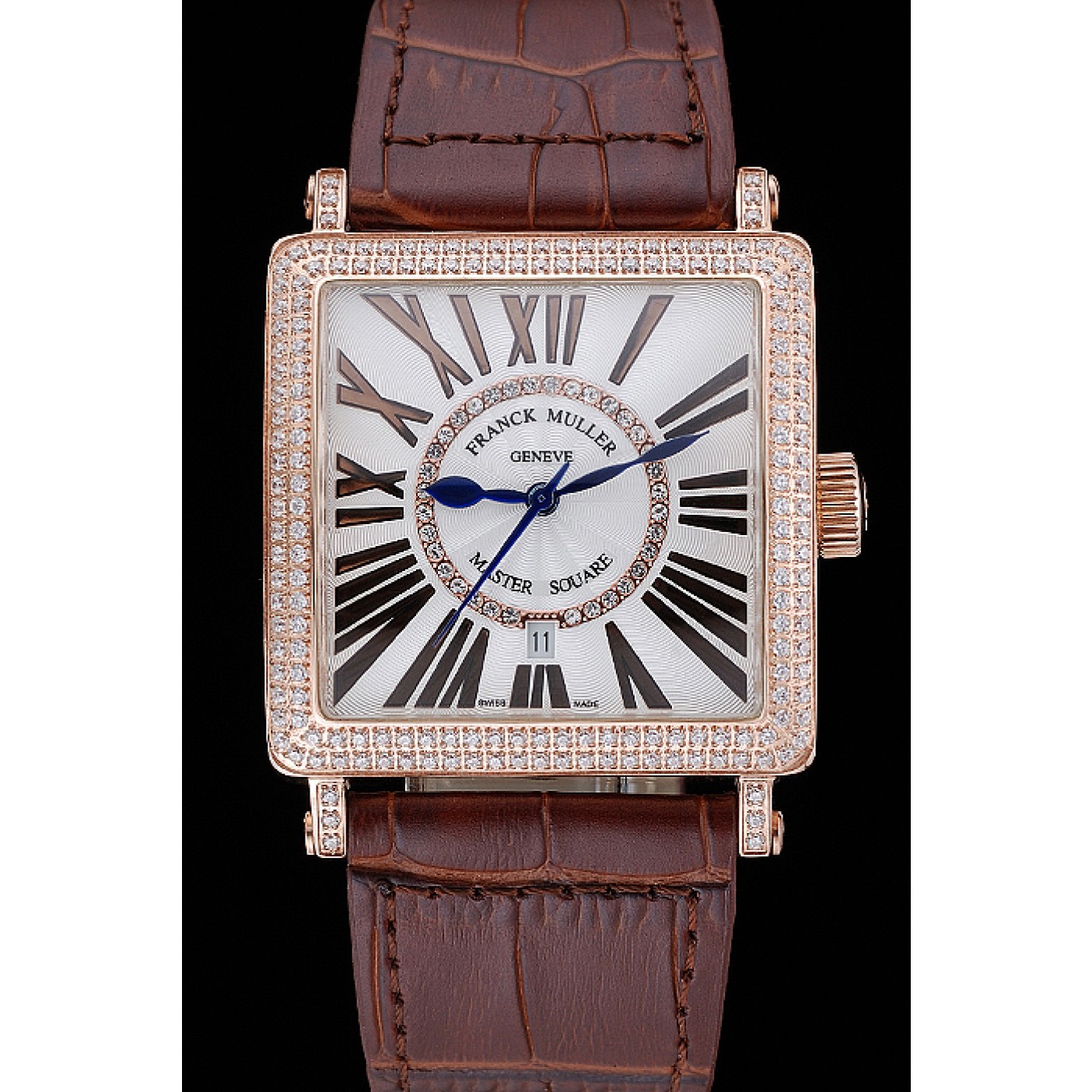 MiroTime Franck Muller Master Square Diamond Encrusted Rose Gold Bezel Brown Croco Bracelet 80283