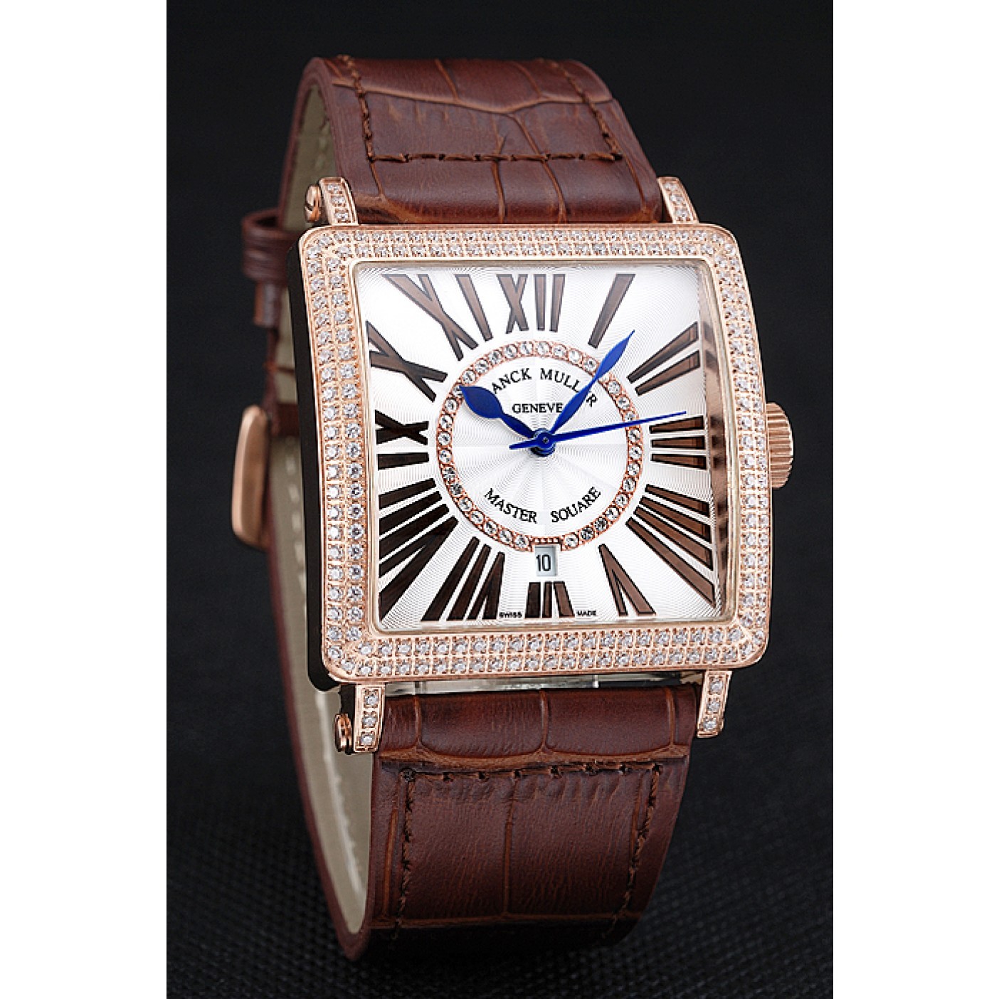 MiroTime Franck Muller Master Square Diamond Encrusted Rose Gold Bezel Brown Croco Bracelet 80283