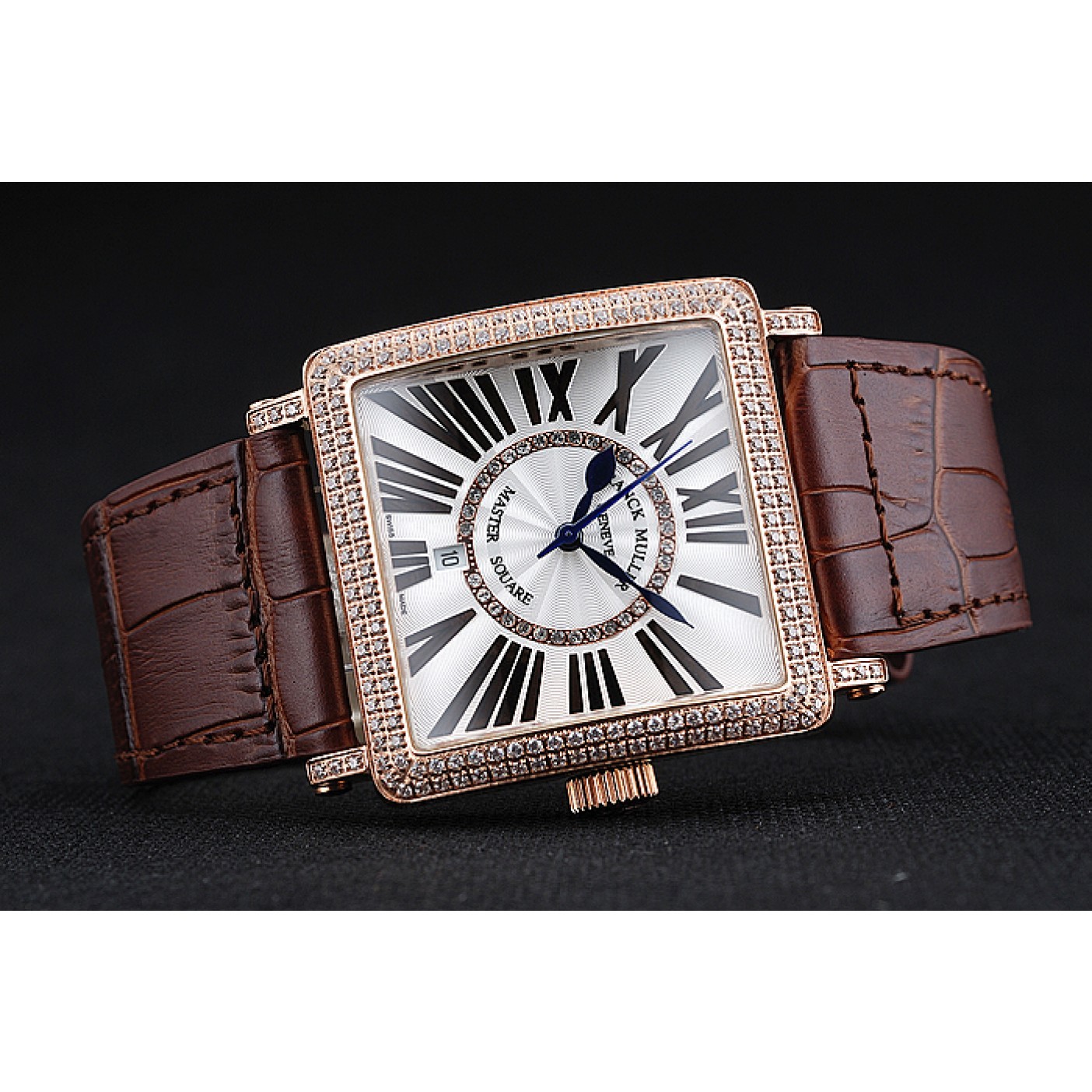 MiroTime Franck Muller Master Square Diamond Encrusted Rose Gold Bezel Brown Croco Bracelet 80283