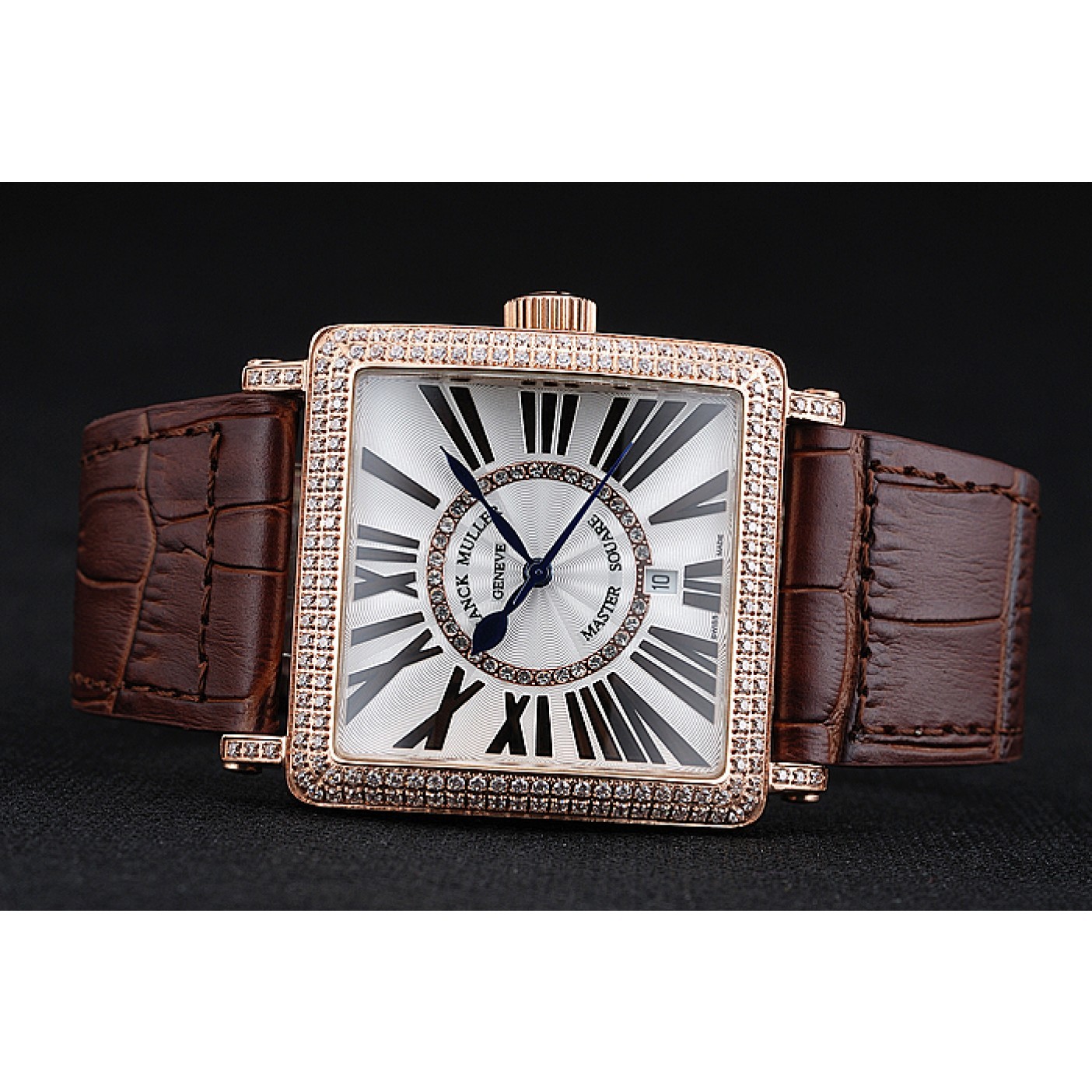 MiroTime Franck Muller Master Square Diamond Encrusted Rose Gold Bezel Brown Croco Bracelet 80283