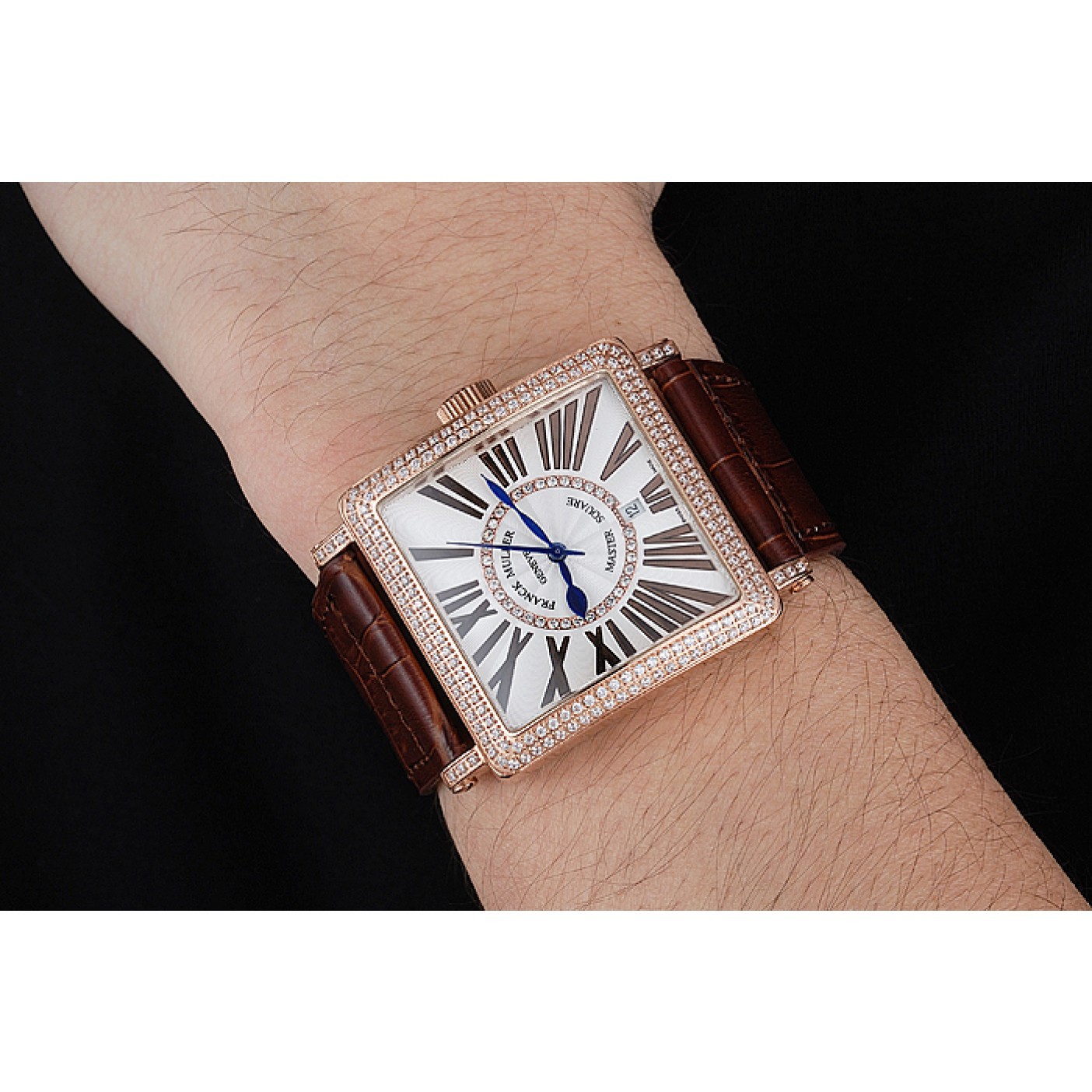 MiroTime Franck Muller Master Square Diamond Encrusted Rose Gold Bezel Brown Croco Bracelet 80283