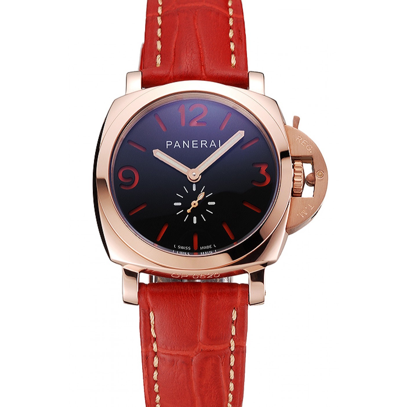 MiroTime Panerai Radiomir Black Dial Rose Gold Case Red Leather Strap 1453806