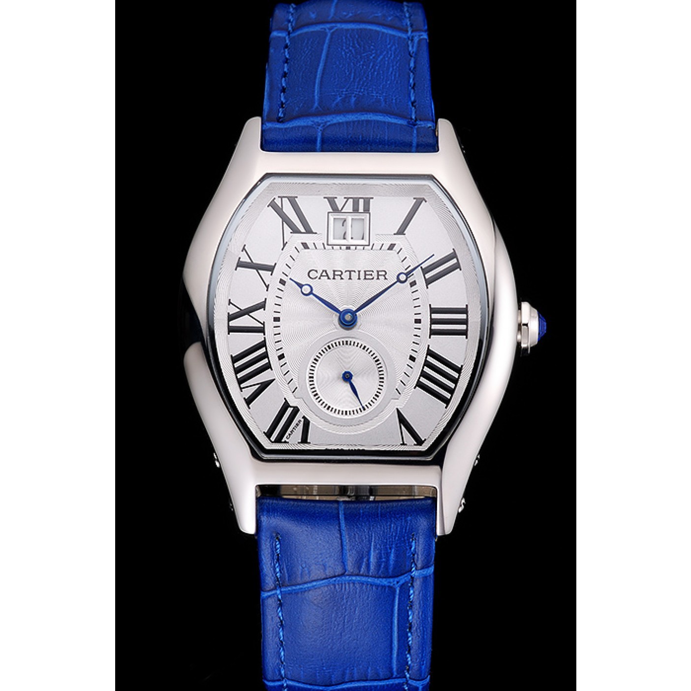 MiroTime Cartier Tortue Large Date White Dial Stainless Steel Case Blue Leather Strap