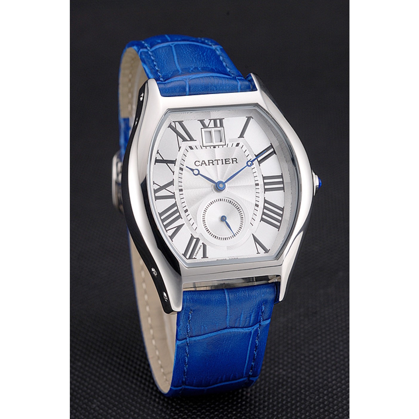 MiroTime Cartier Tortue Large Date White Dial Stainless Steel Case Blue Leather Strap
