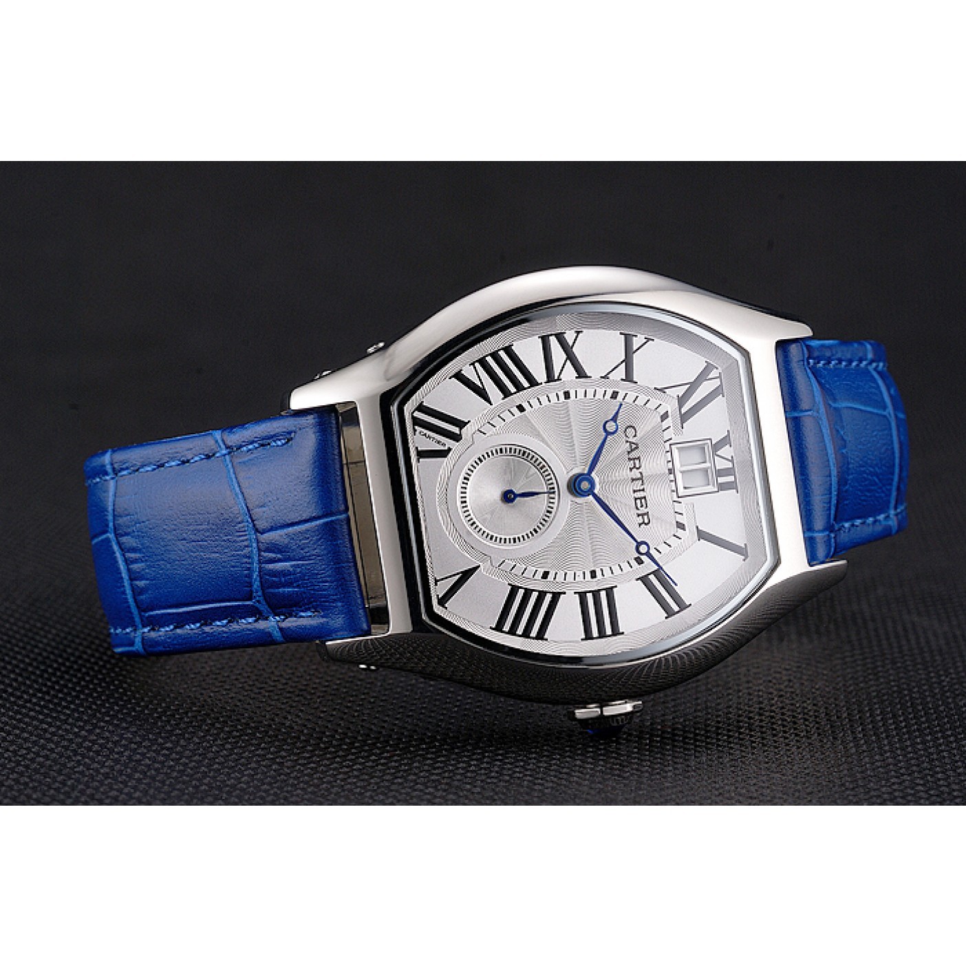 MiroTime Cartier Tortue Large Date White Dial Stainless Steel Case Blue Leather Strap