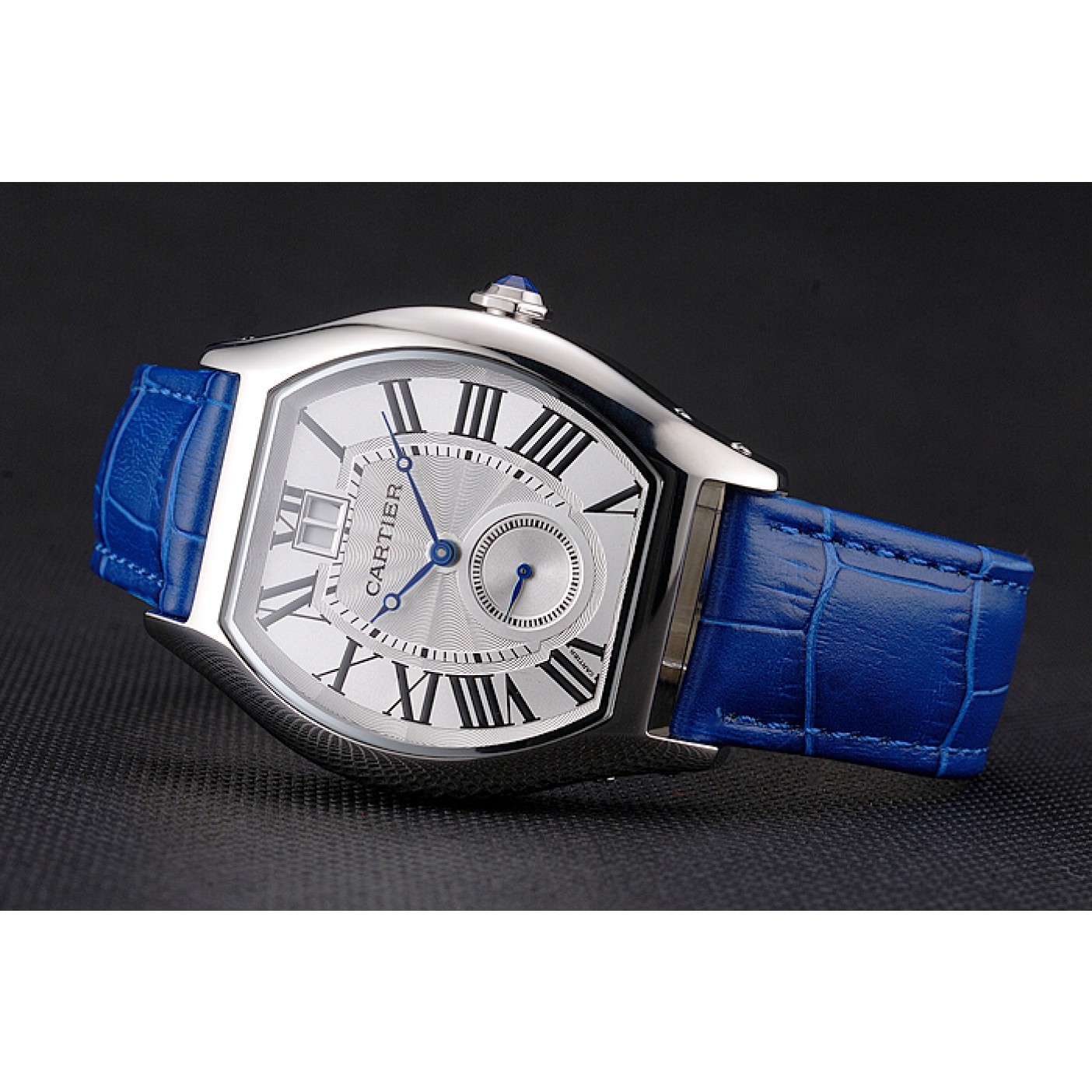 MiroTime Cartier Tortue Large Date White Dial Stainless Steel Case Blue Leather Strap