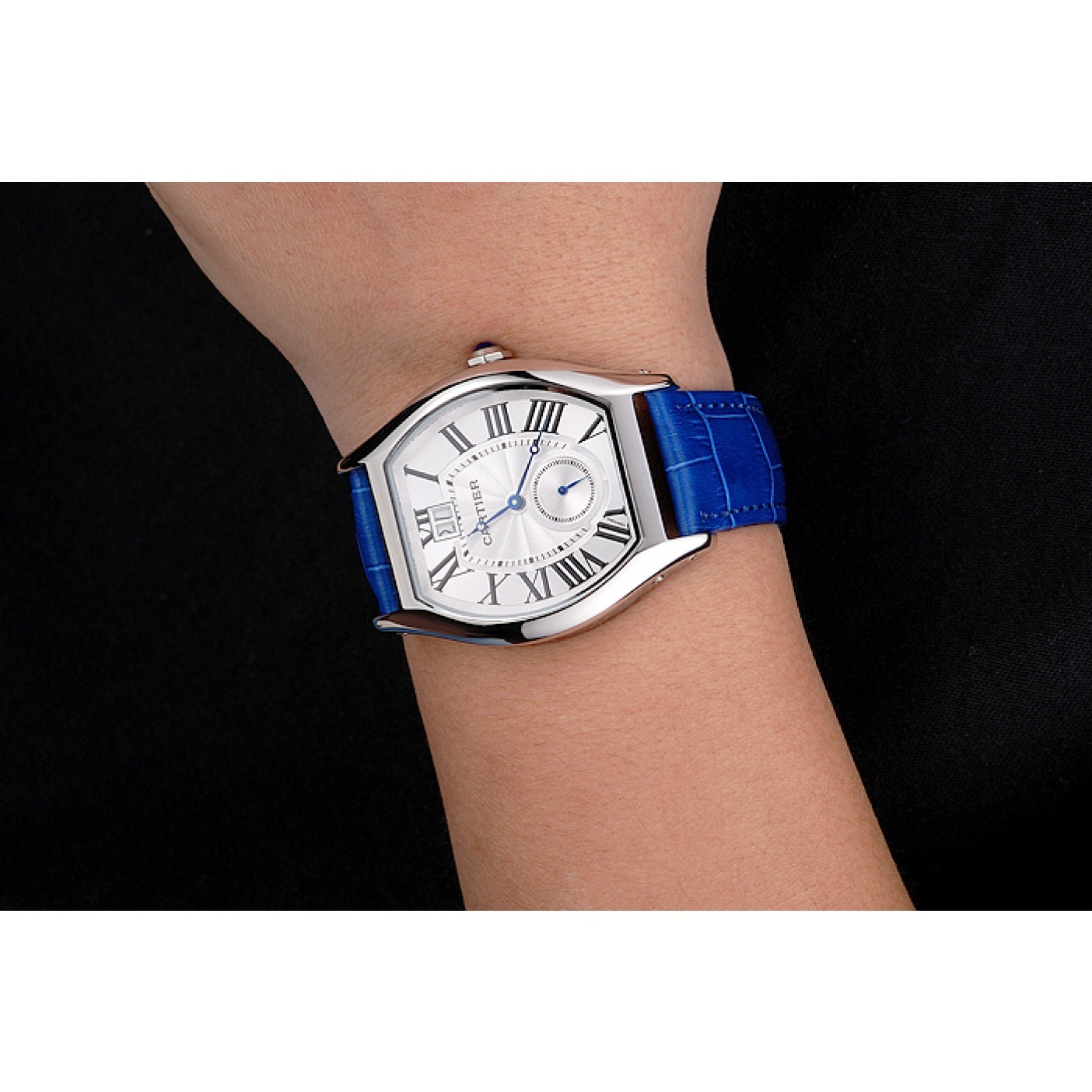 MiroTime Cartier Tortue Large Date White Dial Stainless Steel Case Blue Leather Strap