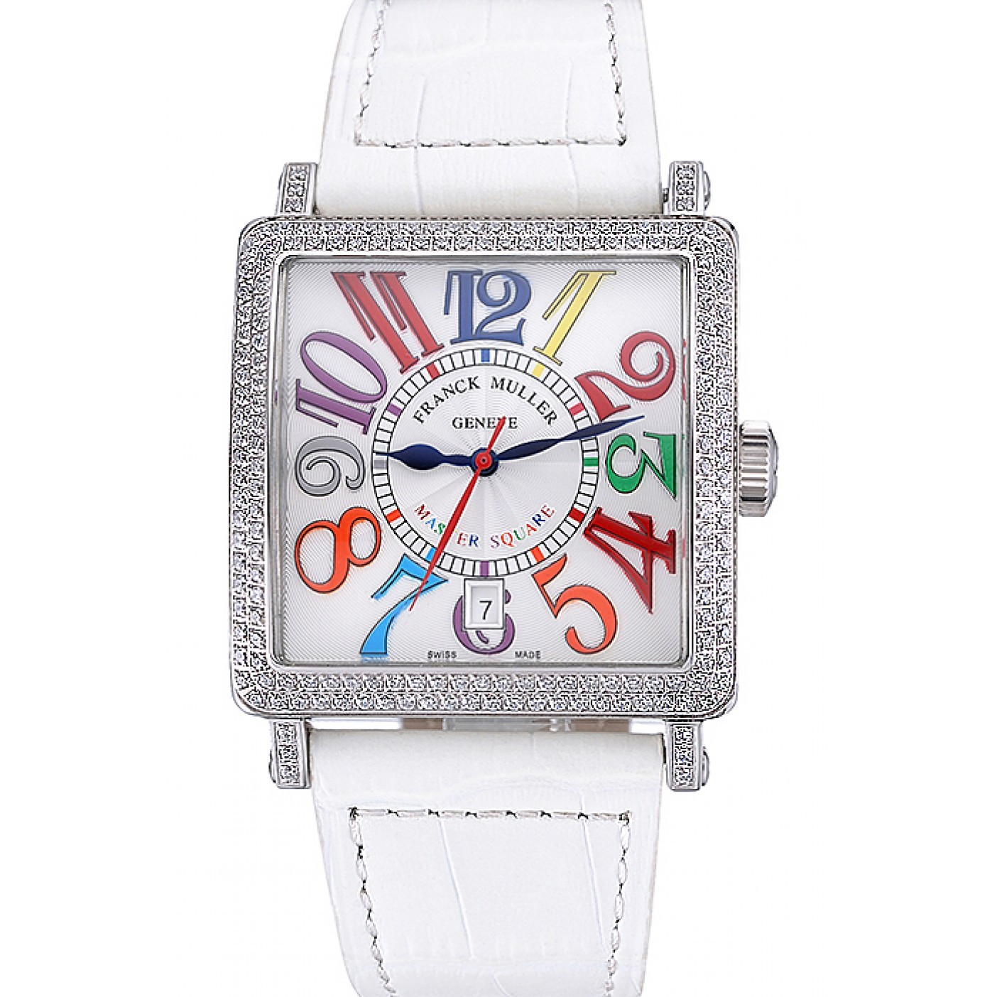 MiroTime Franck Muller Master Square Color Dreams Diamonds Case White Leather Band 622356