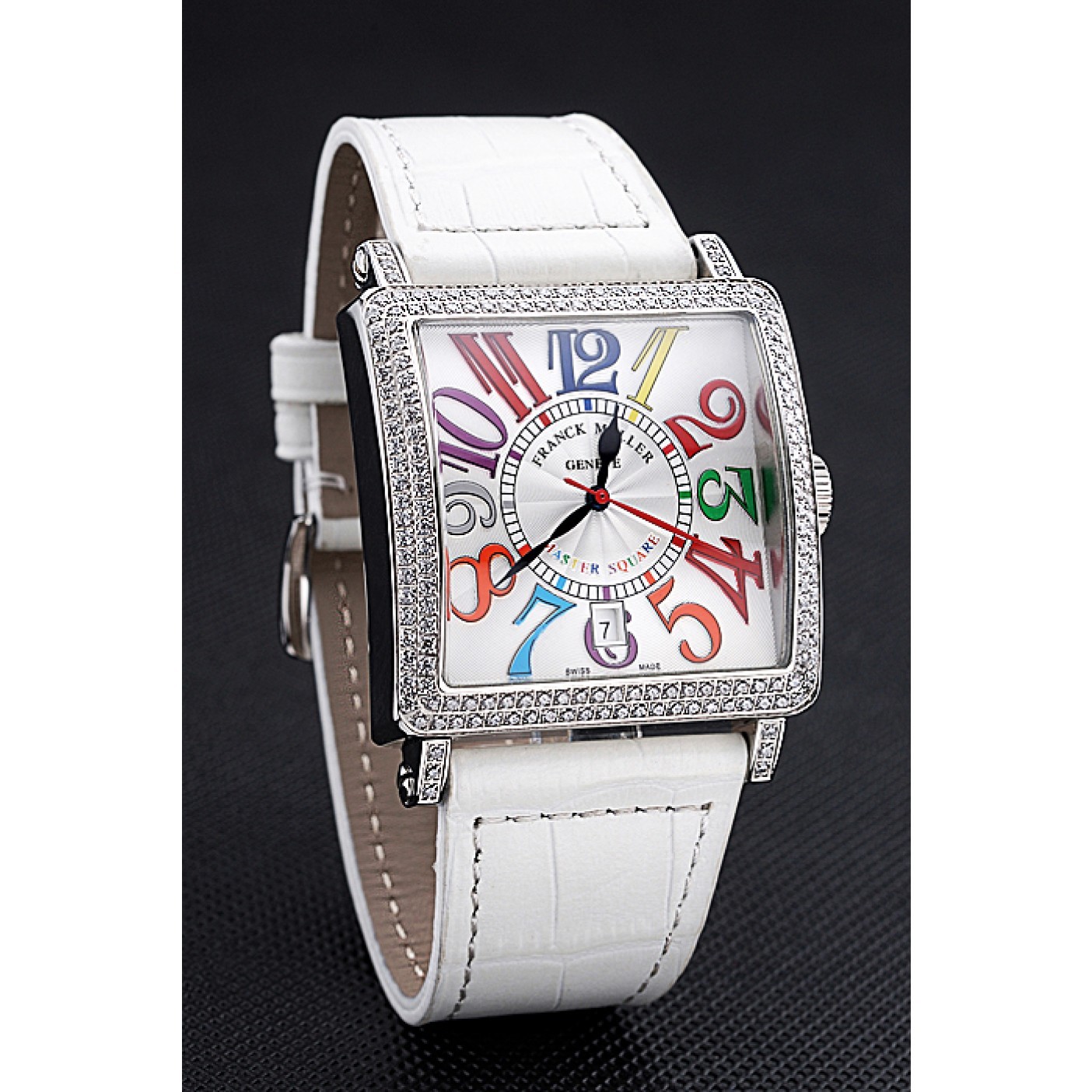 MiroTime Franck Muller Master Square Color Dreams Diamonds Case White Leather Band 622356