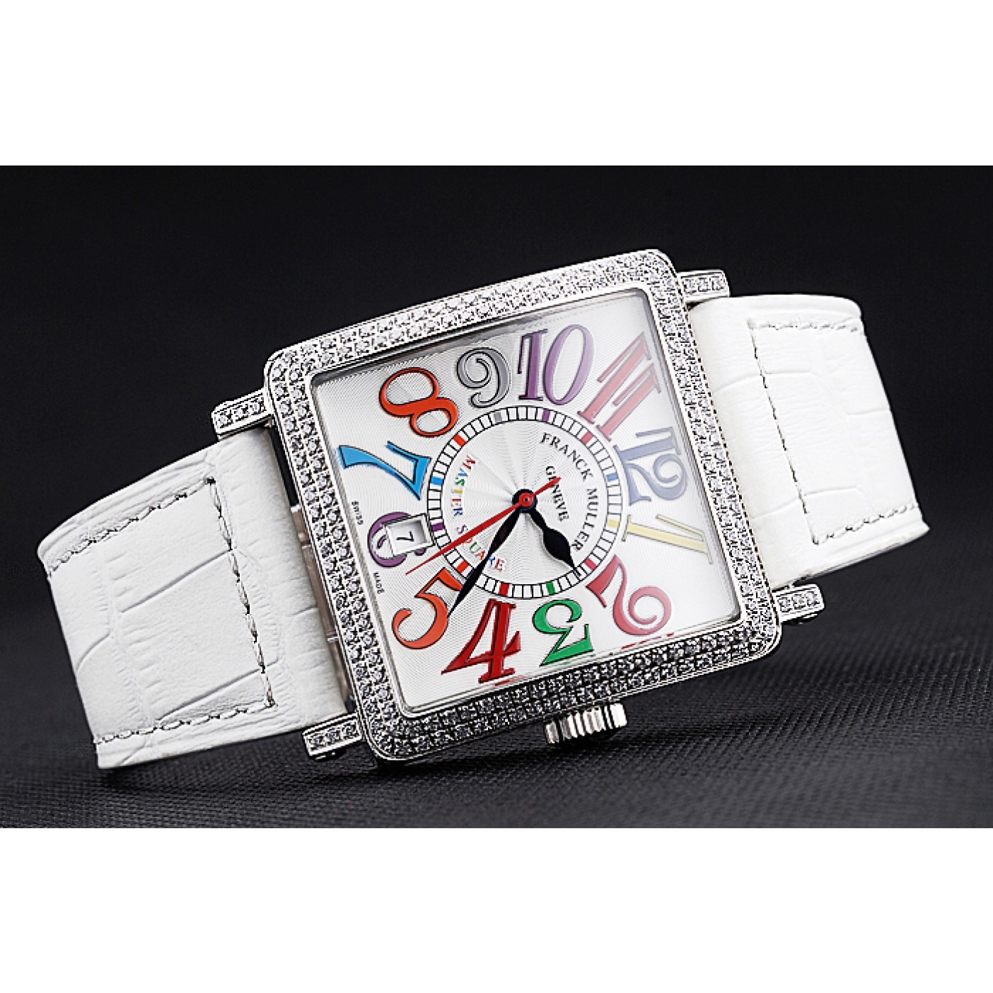 MiroTime Franck Muller Master Square Color Dreams Diamonds Case White Leather Band 622356